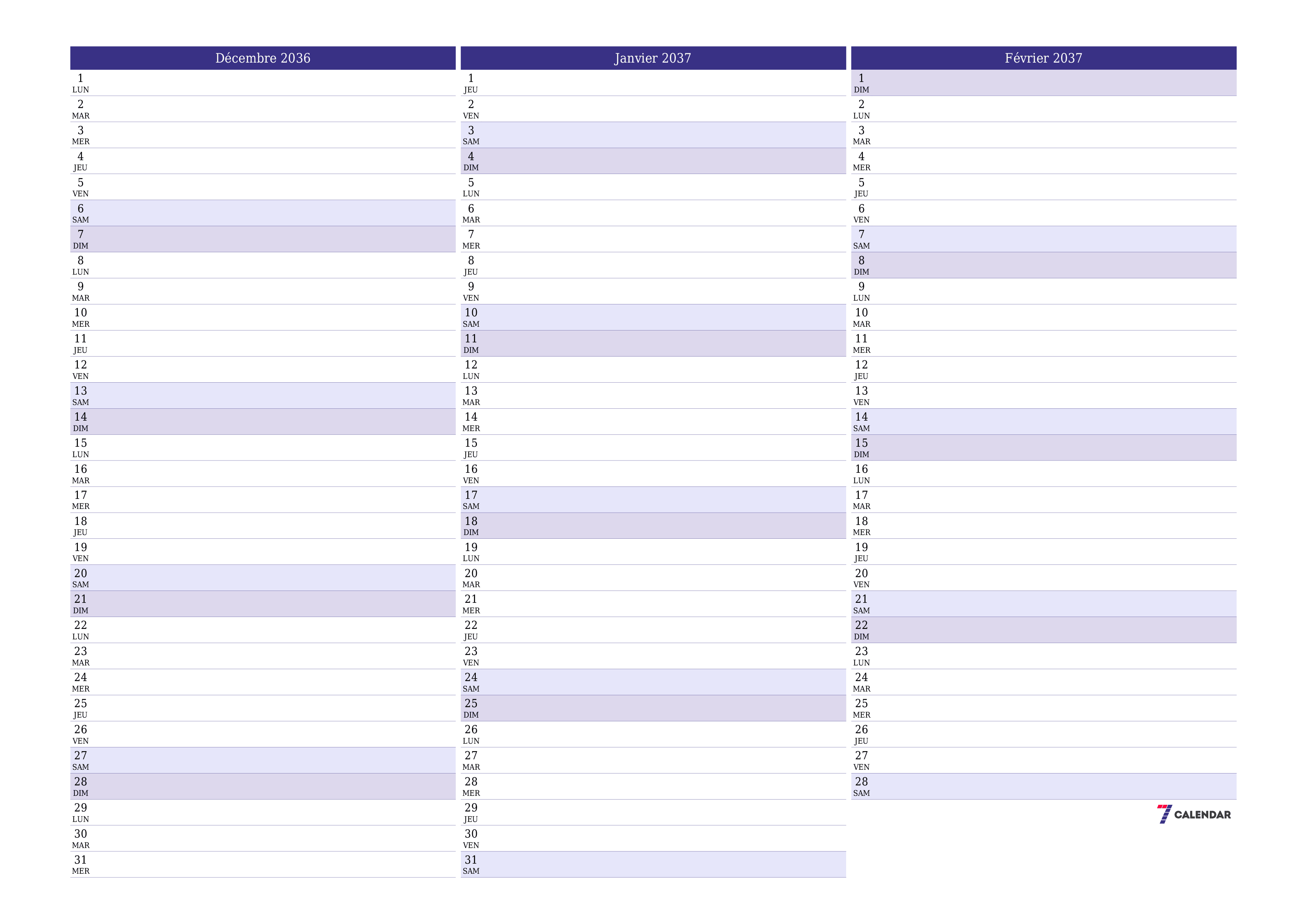 Agenda mensuel vide pour le mois Décembre 2036 avec notes, enregistrez et imprimez au format PDF PNG French