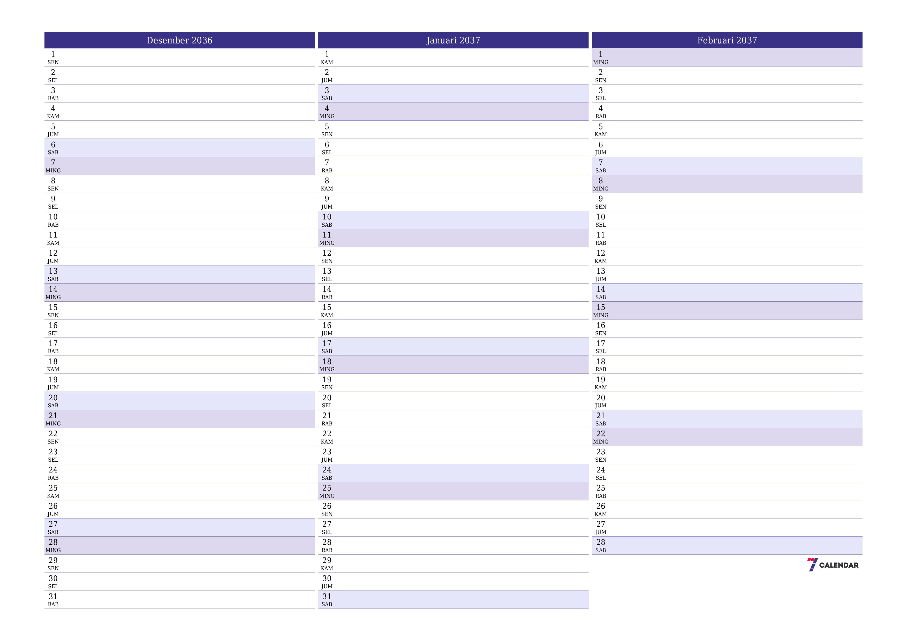 Kosongkan agenda bulanan untuk bulan Desember 2036 dengan catatan, simpan dan cetak ke PDF PNG Indonesian