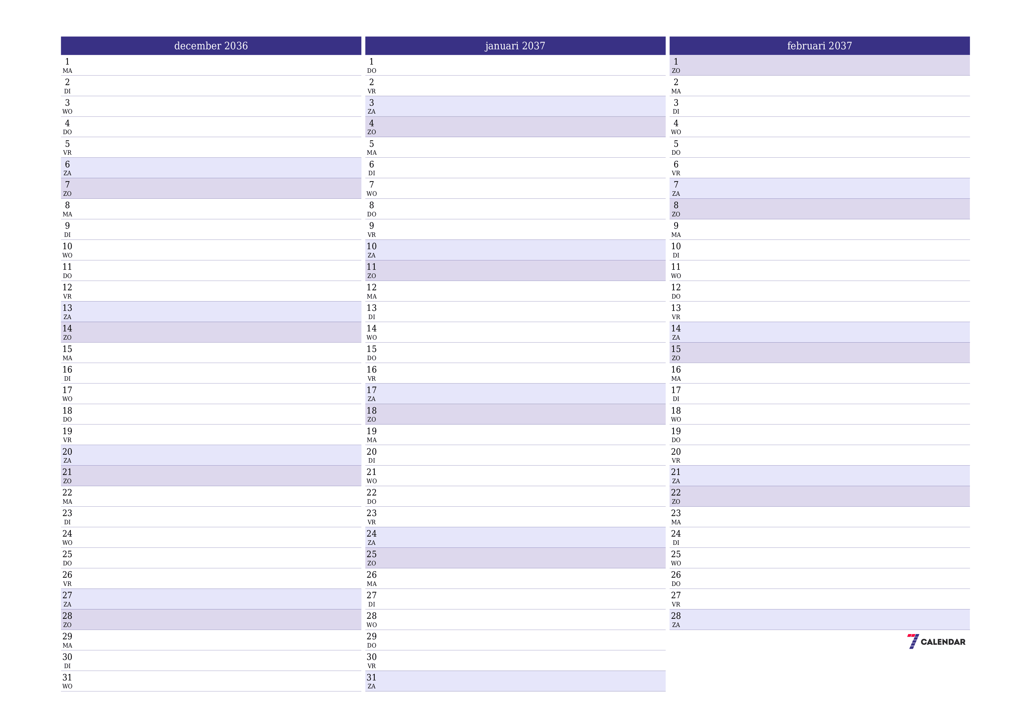 Lege maandplanner voor maand december 2036 met notities, opslaan en afdrukken naar pdf PNG Dutch
