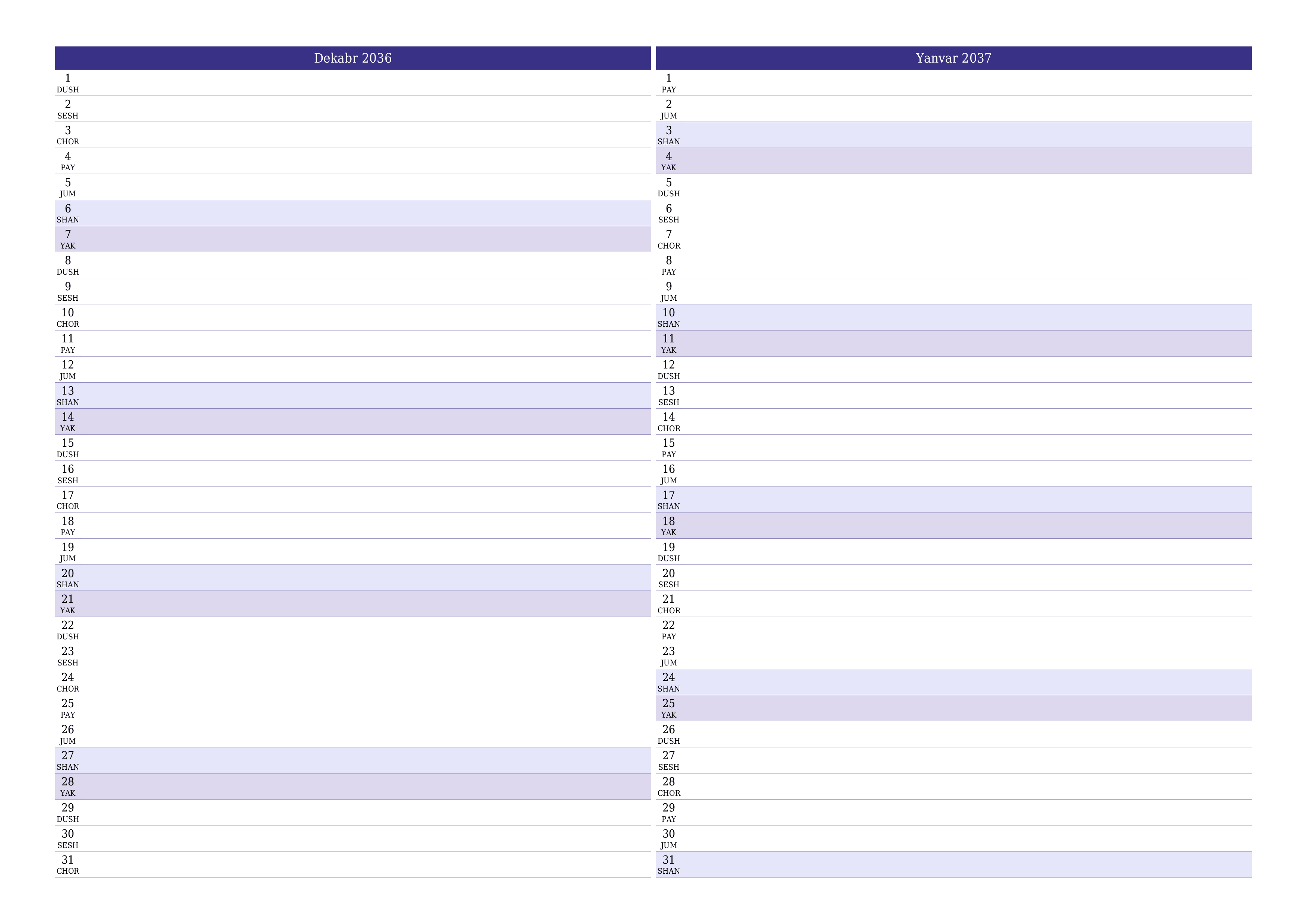 Dekabr 2036 oylik oylik rejalashtiruvchini yozuvlar bilan bo'shatish, saqlash va PDF-ga chop etish PNG Uzbek
