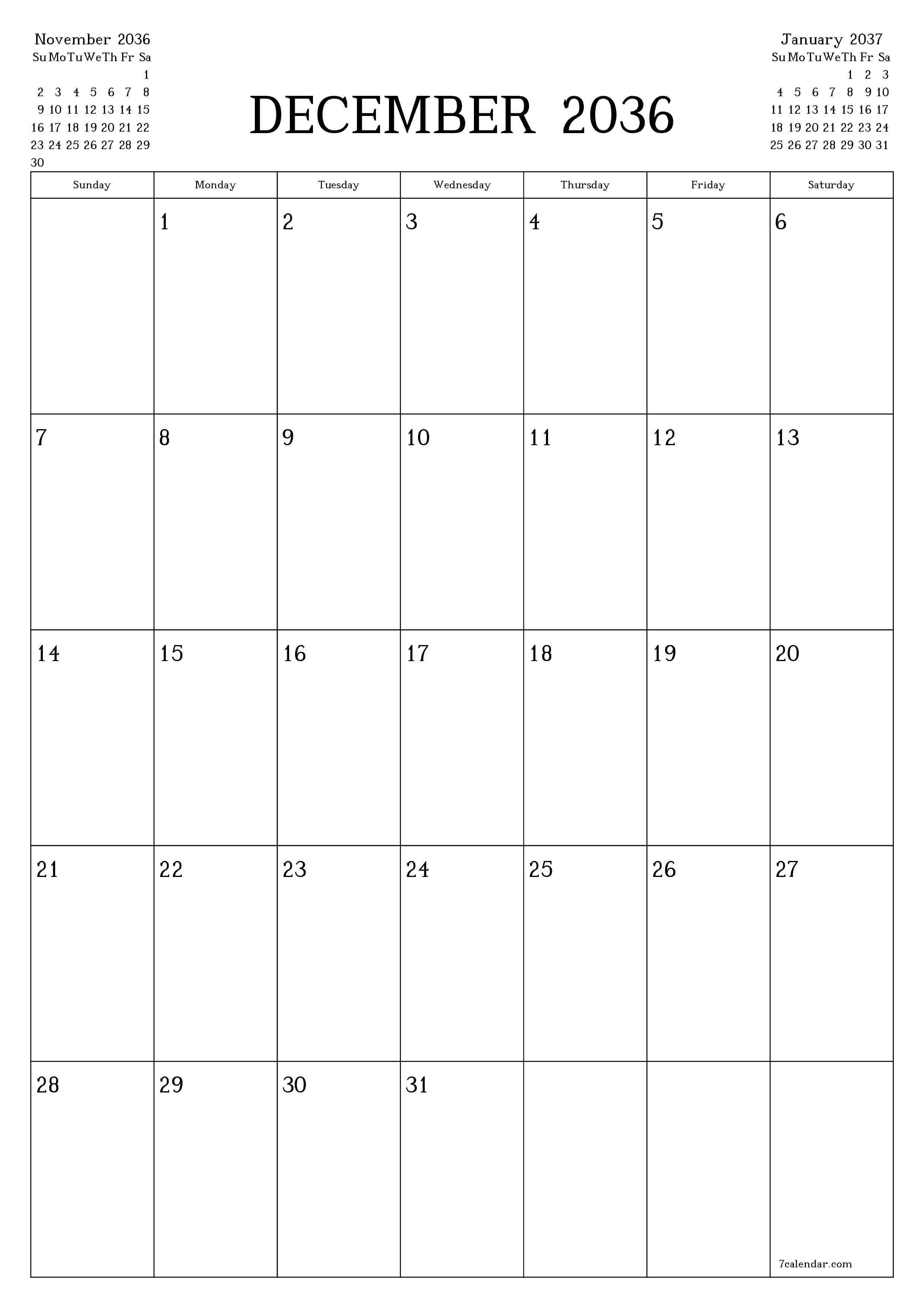 Blank calendar December 2036