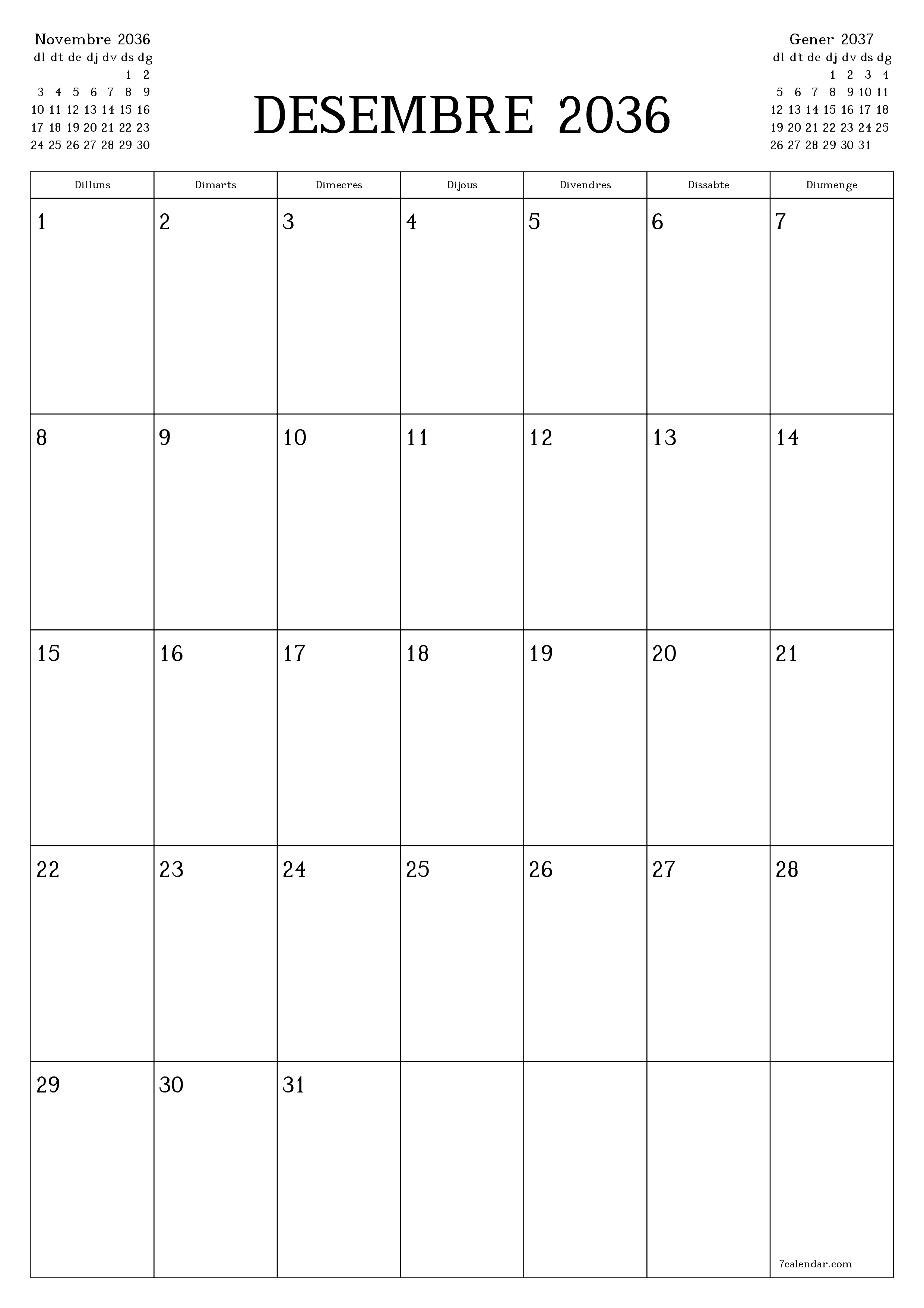  imprimible de paret plantilla de gratuïtvertical Mensual planificador calendari Desembre (Des) 2036