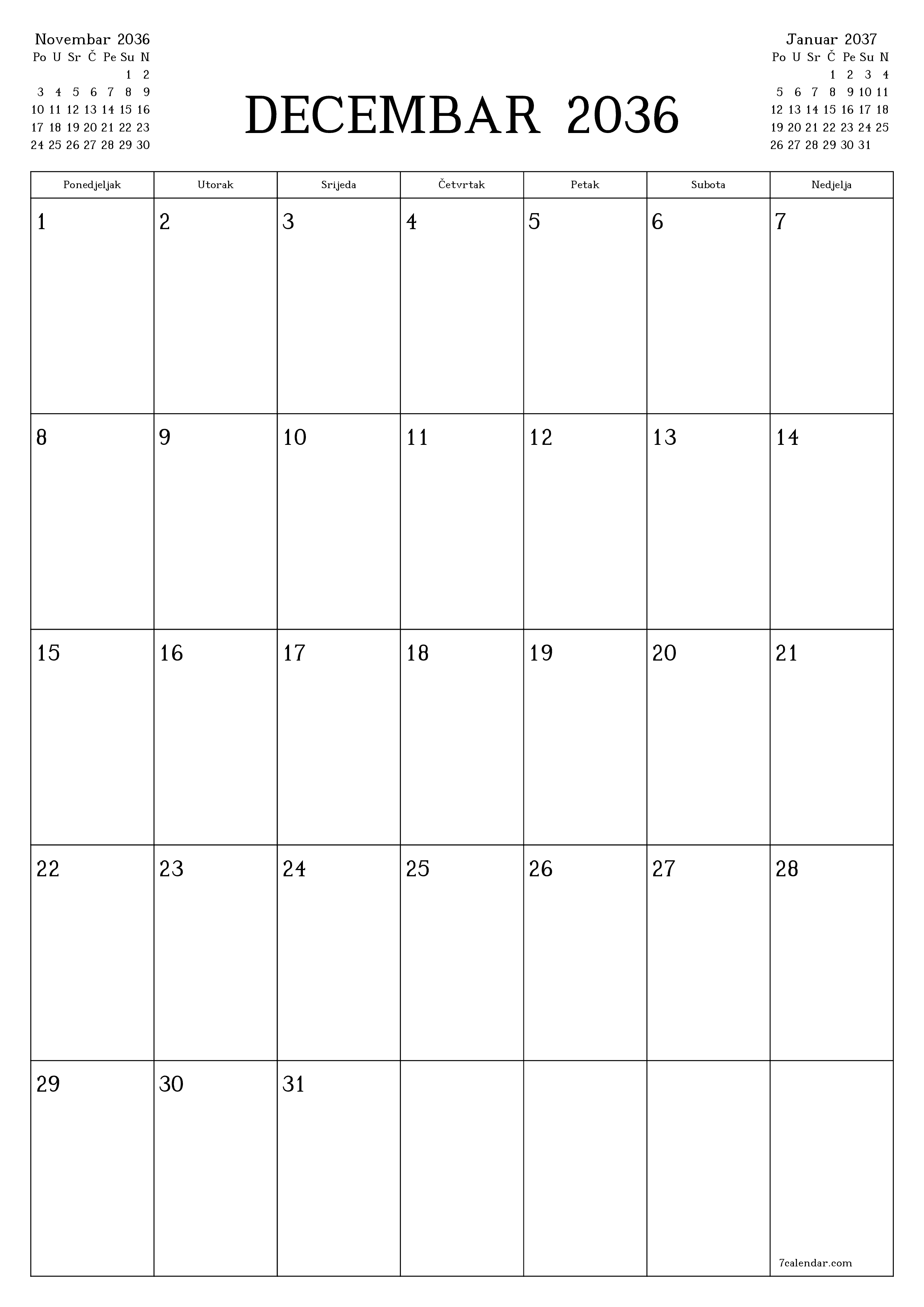 za štampanje zidni šablon a besplatni vertikalno Mjesečno planer kalendar Decembar (Dec) 2036