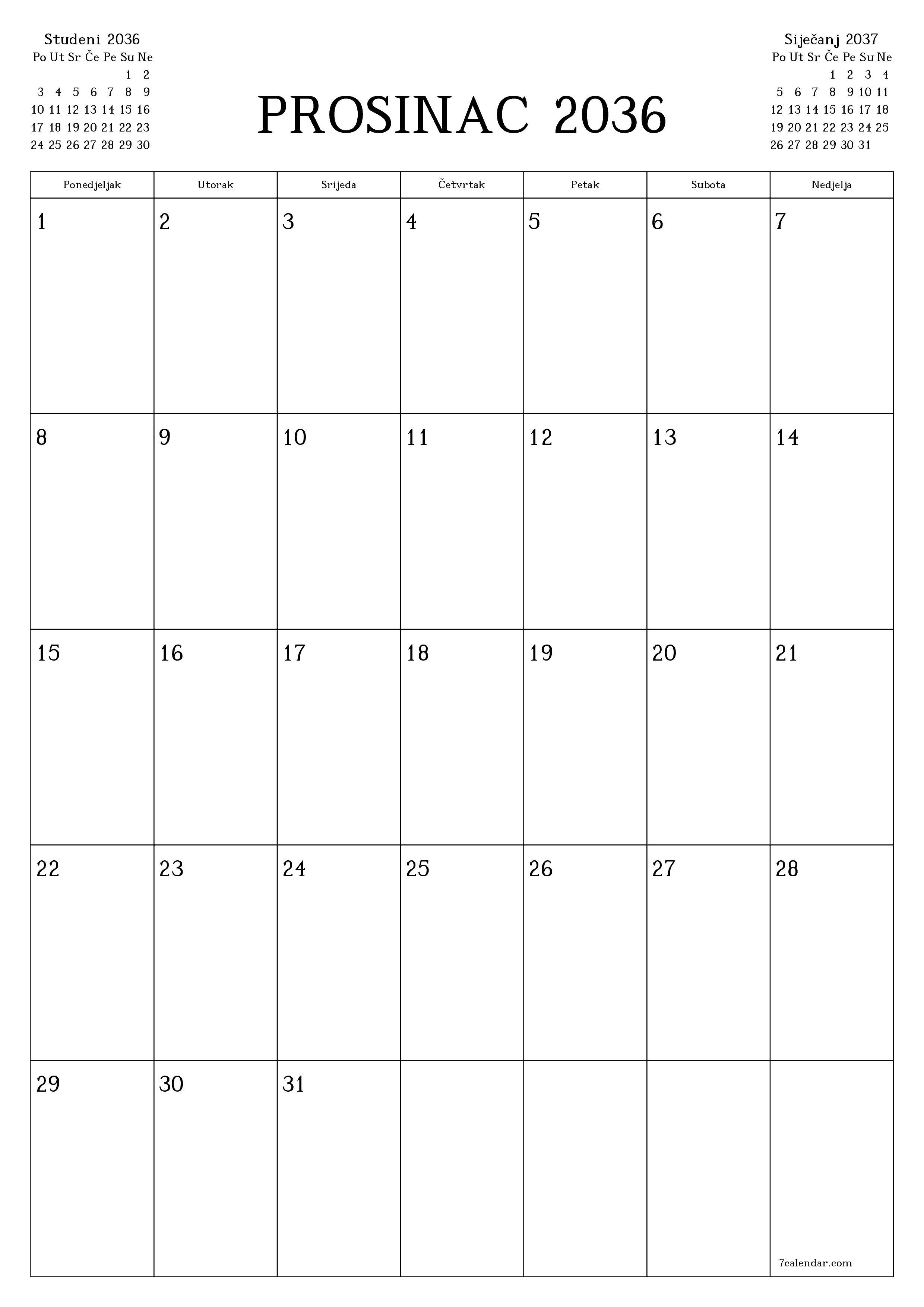  za ispis zidni predložak a besplatni okomito Mjesečni planer kalendar Prosinac (Pro) 2036