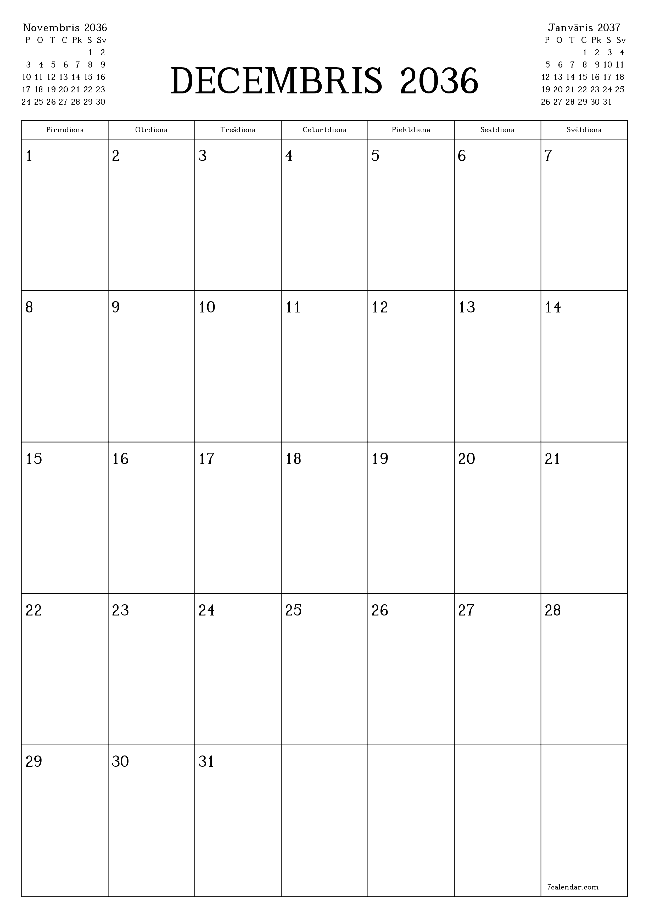 izdrukājams sienas kalendāra veidne bezmaksas vertikāli Mēneša plānotājs kalendārs Decembris (Dec) 2036
