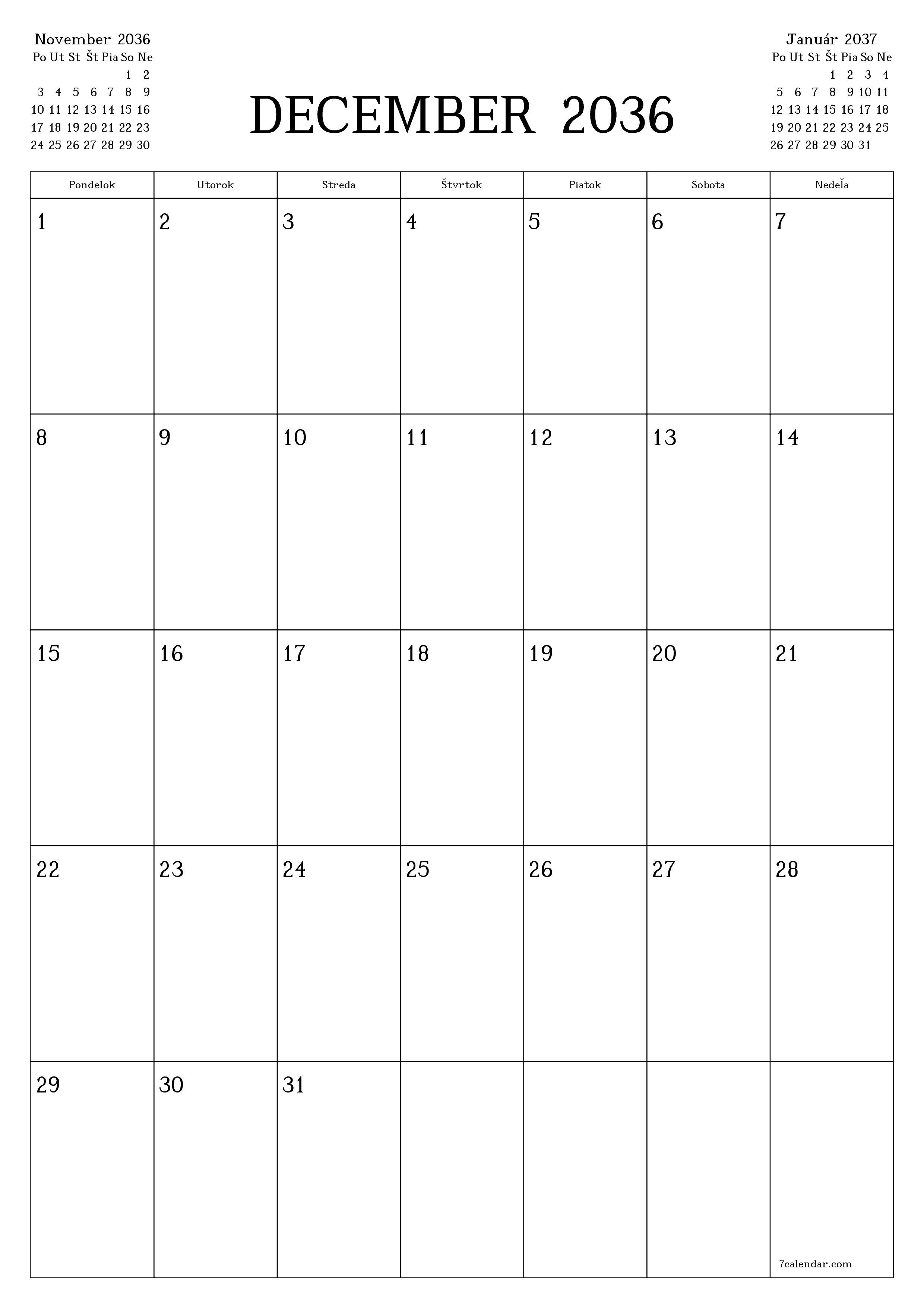 vytlačiteľný nástenný šablóna a bezplatný вертикальный Mesačne plánovač kalendár December (Dec) 2036