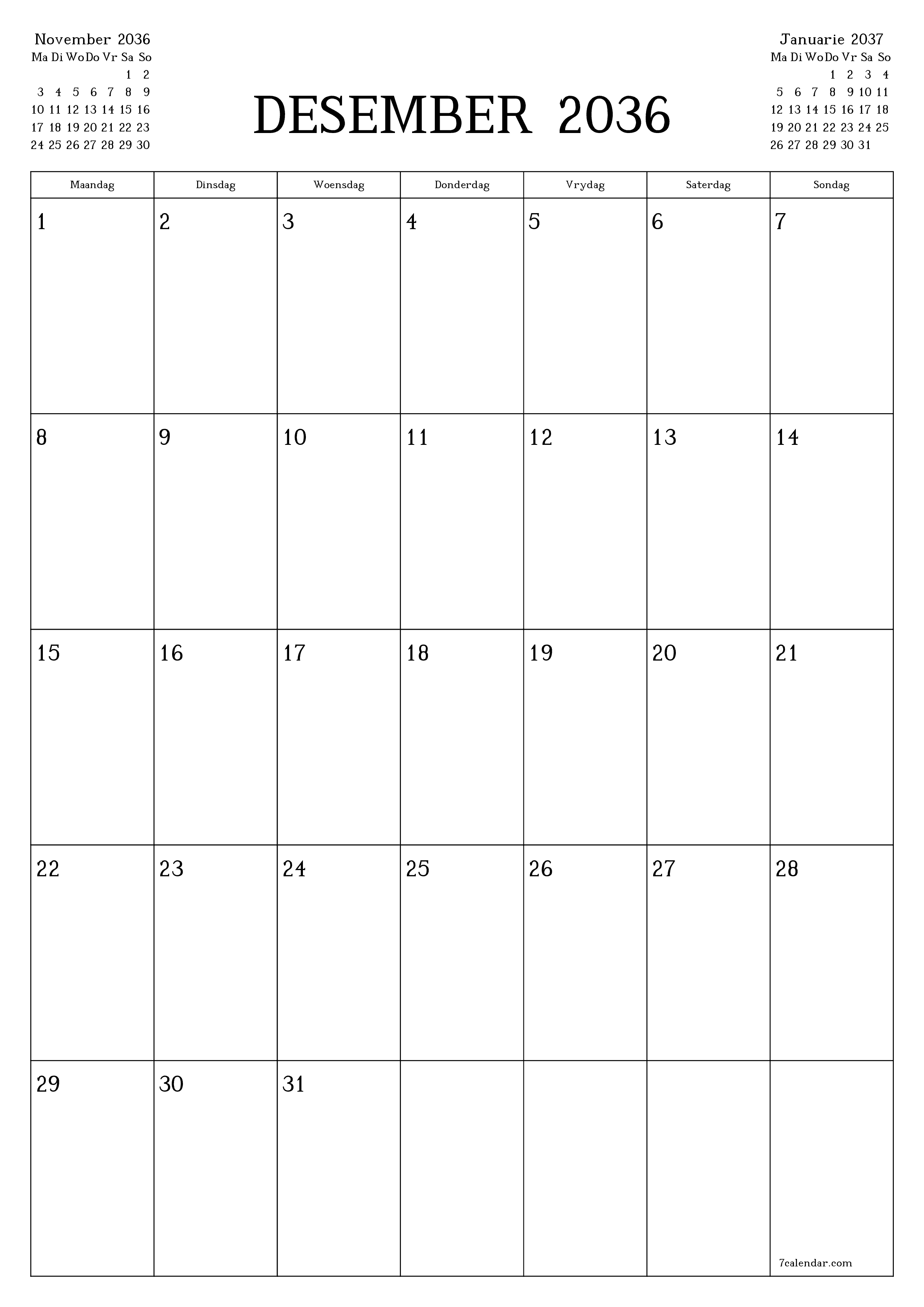 drukbare muur template gratis vertikaal Maandeliks beplanner kalender Desember (Des) 2036