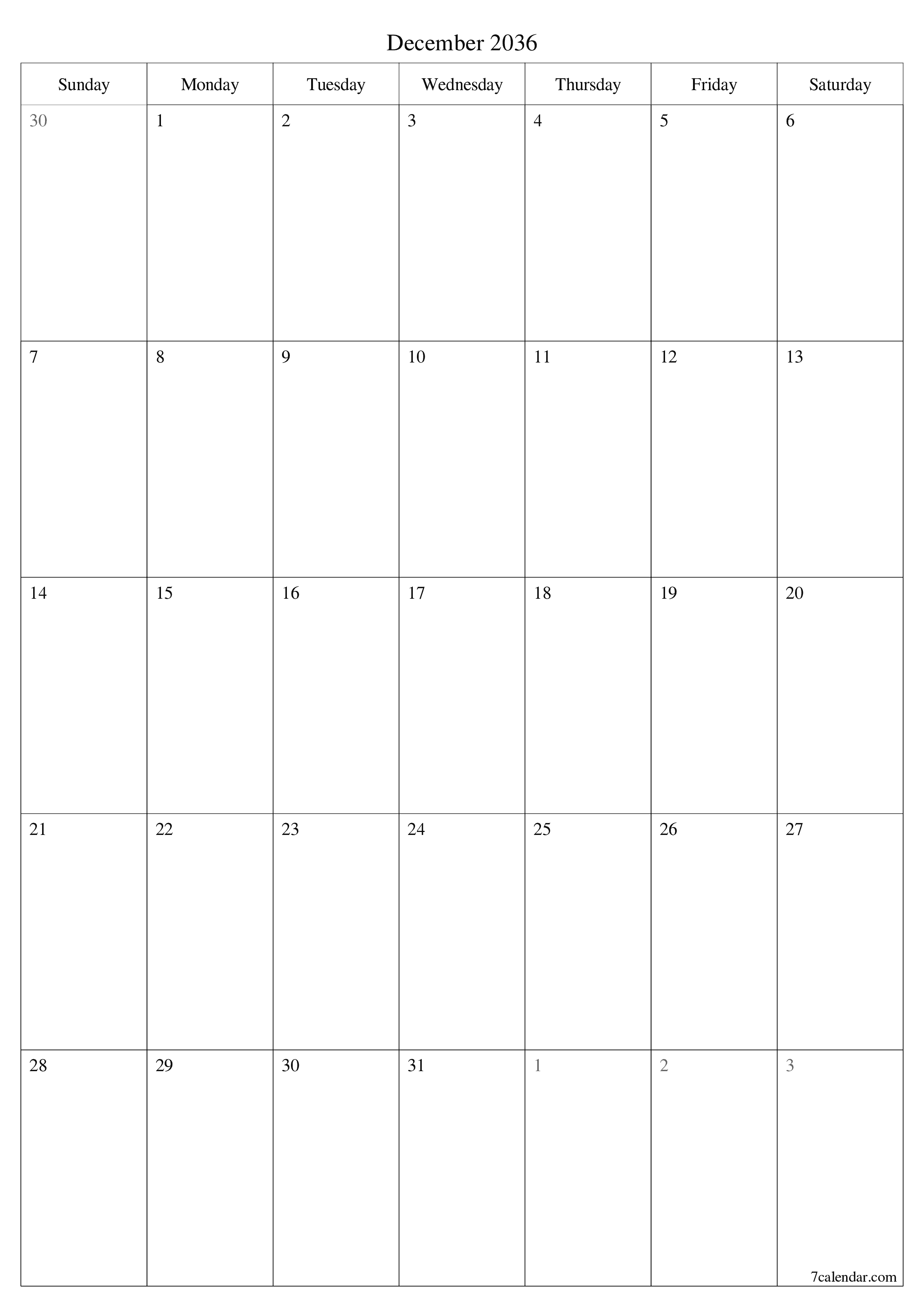 printable wall template free vertical Monthly planner calendar December (Dec) 2036