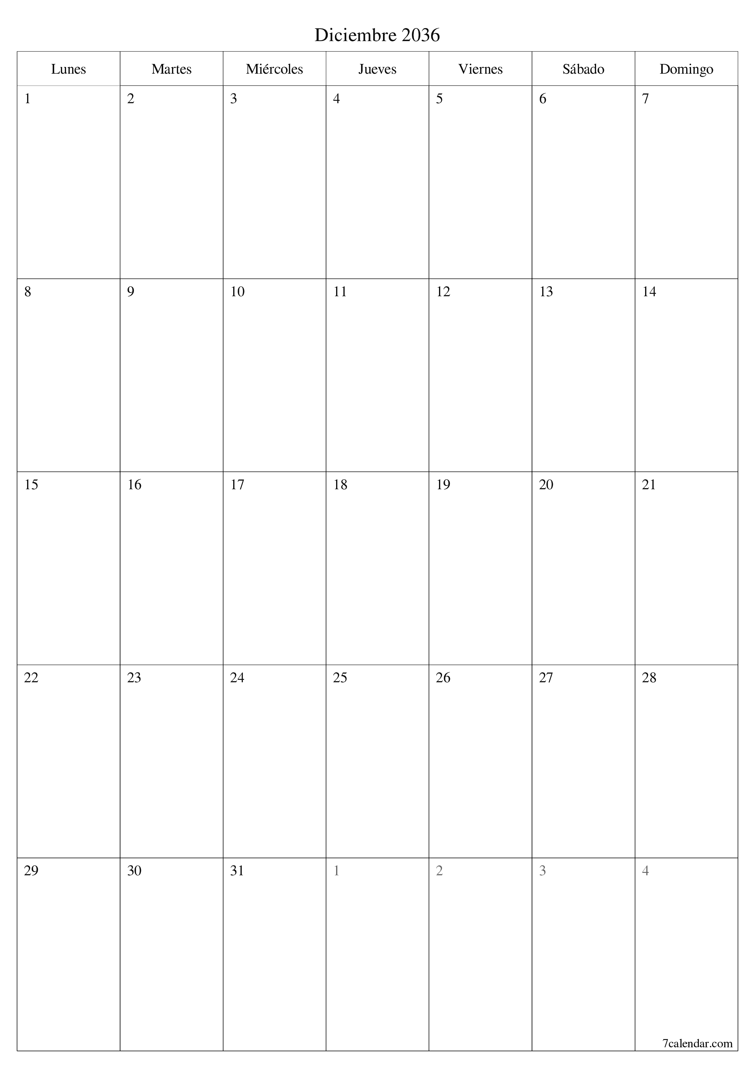  imprimible de pared plantilla de gratisvertical Mensual planificador calendario Diciembre (Dic) 2036