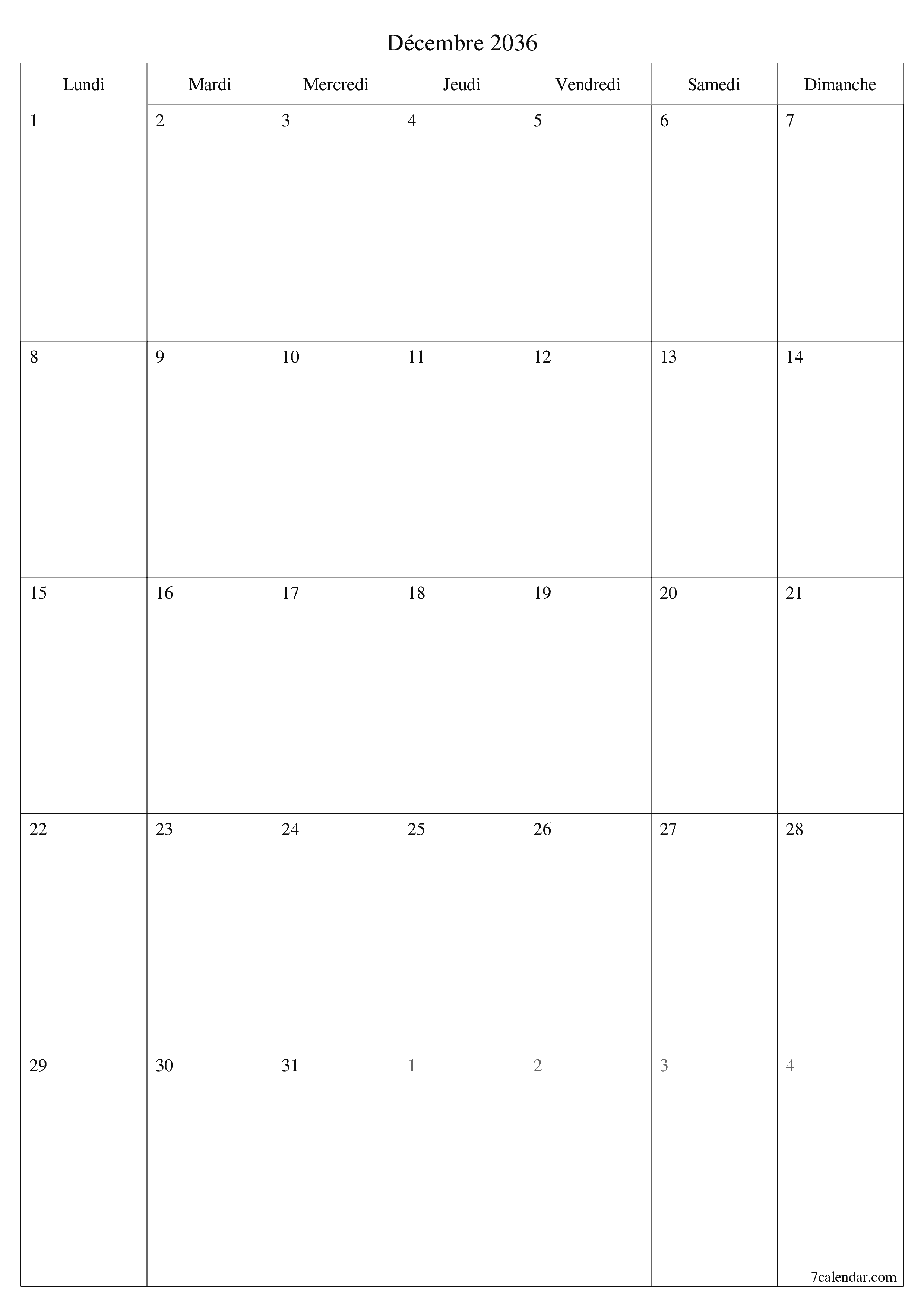  imprimable mural modèle de gratuitverticale Mensuel planificateur calendrier Décembre (Déc) 2036
