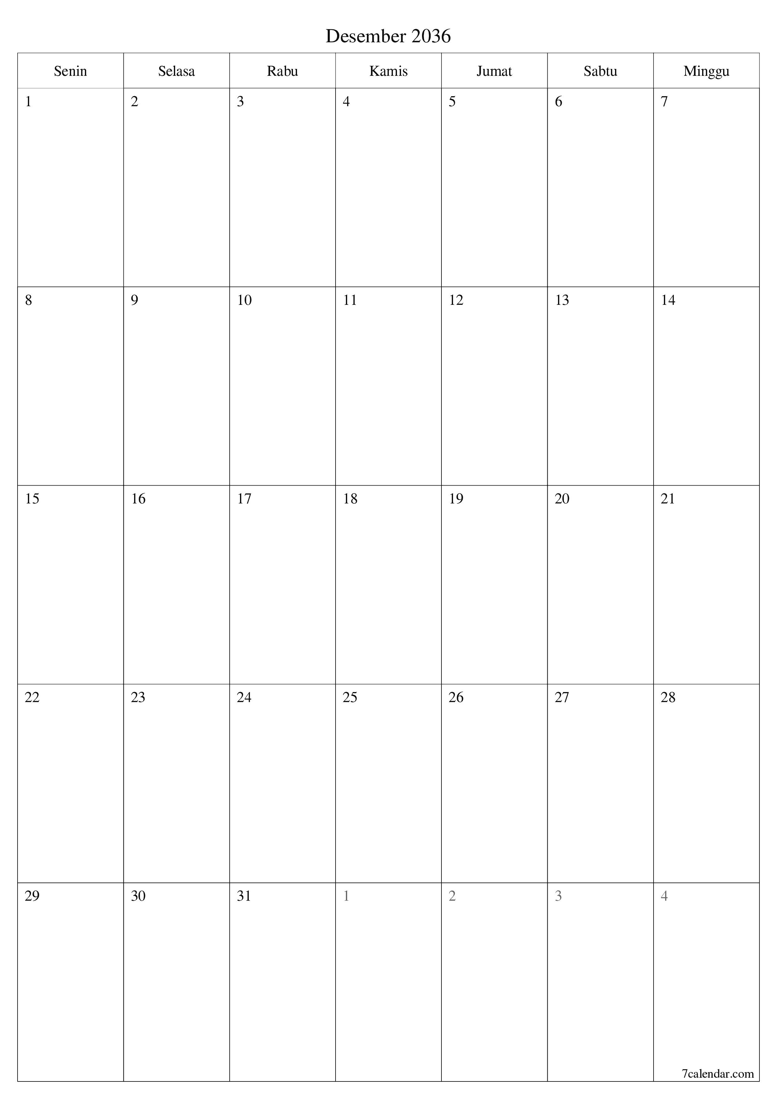  yang dapat dicetak dinding templat gratisvertikal Bulanan perencana kalender Desember (Des) 2036