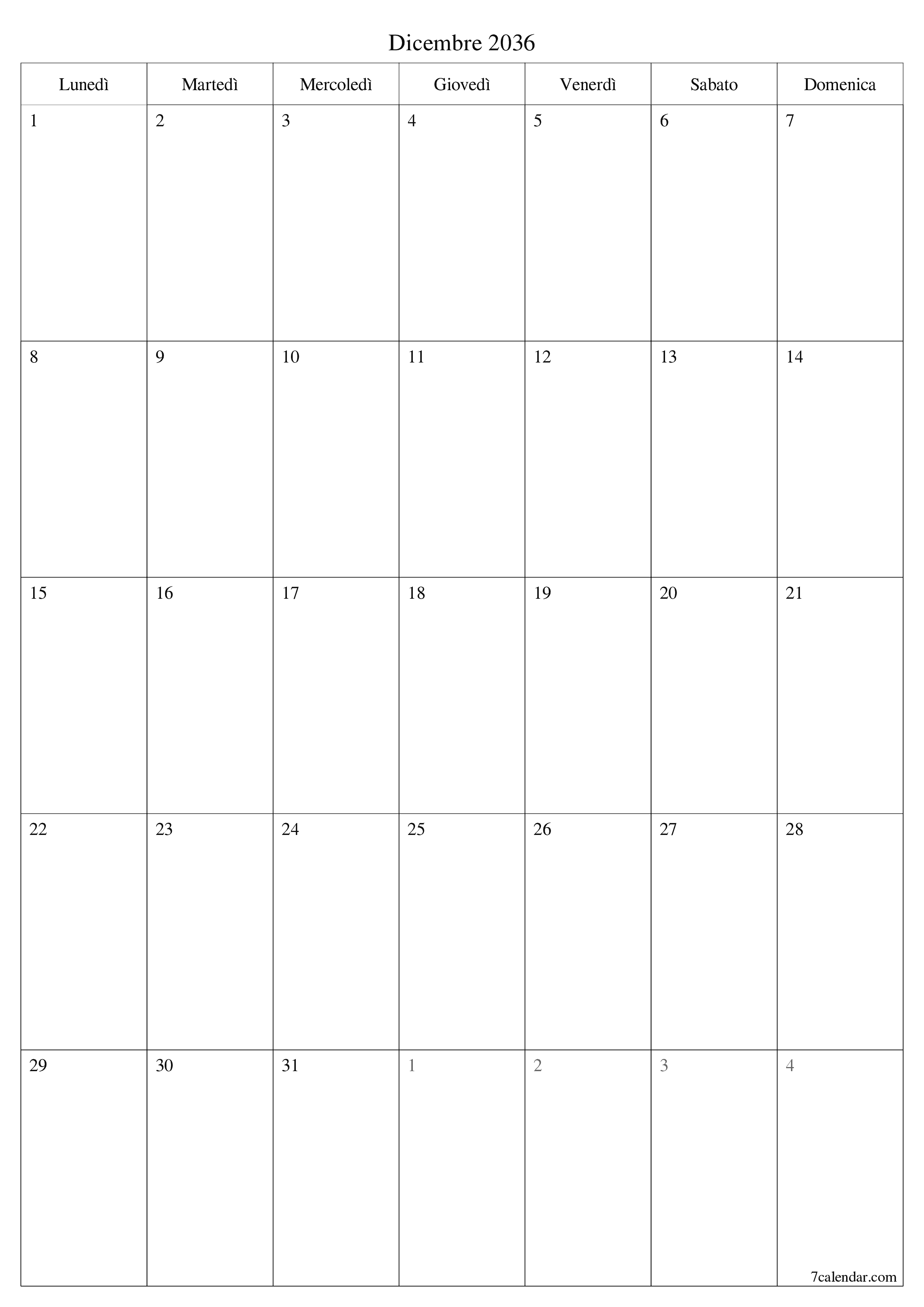  stampabile da parete modello di gratuitoverticale Mensile pianificatore calendario Dicembre (Dic) 2036