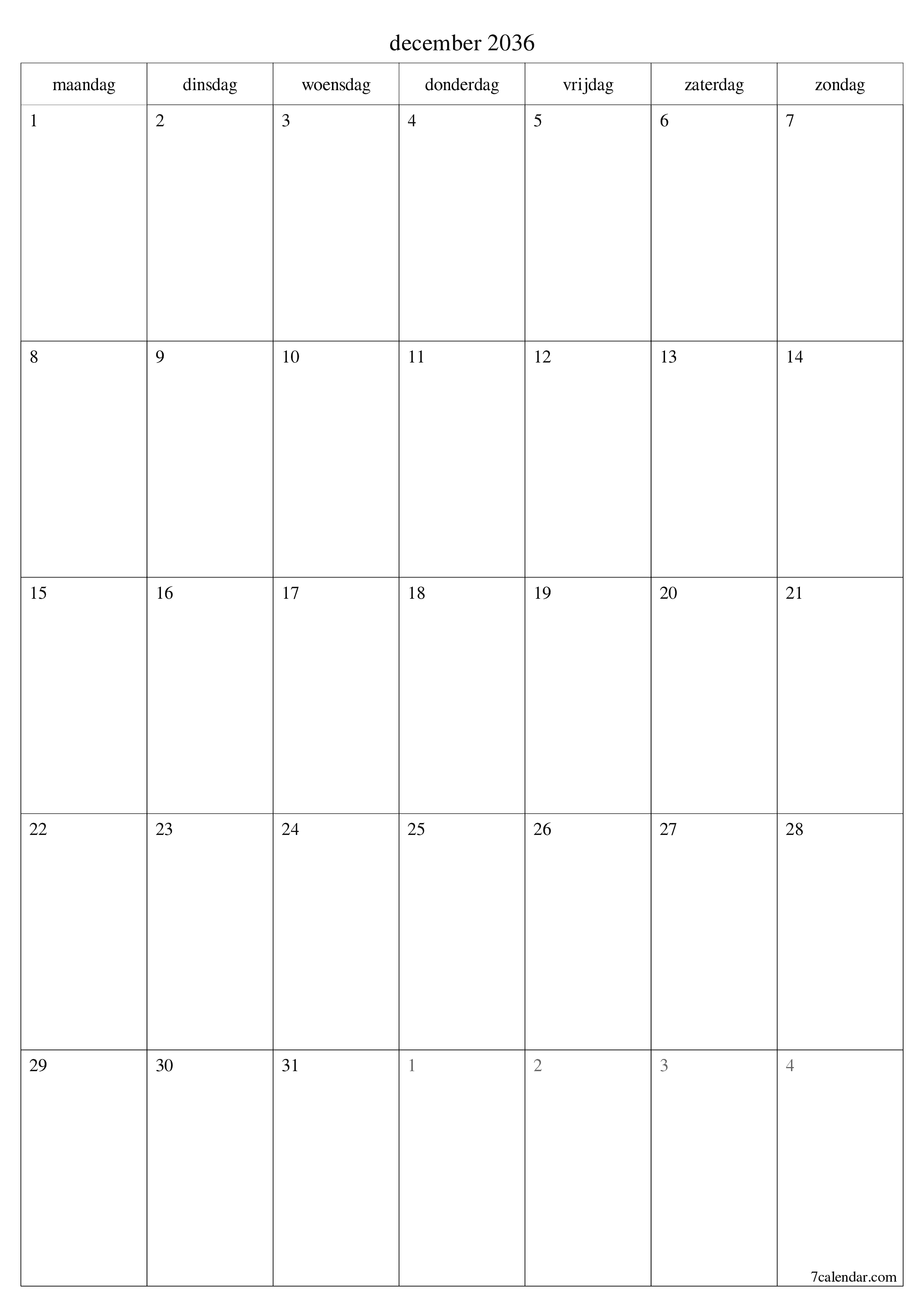 afdrukbare muur sjabloon gratis verticaal Maandelijks planner kalender december (dec) 2036