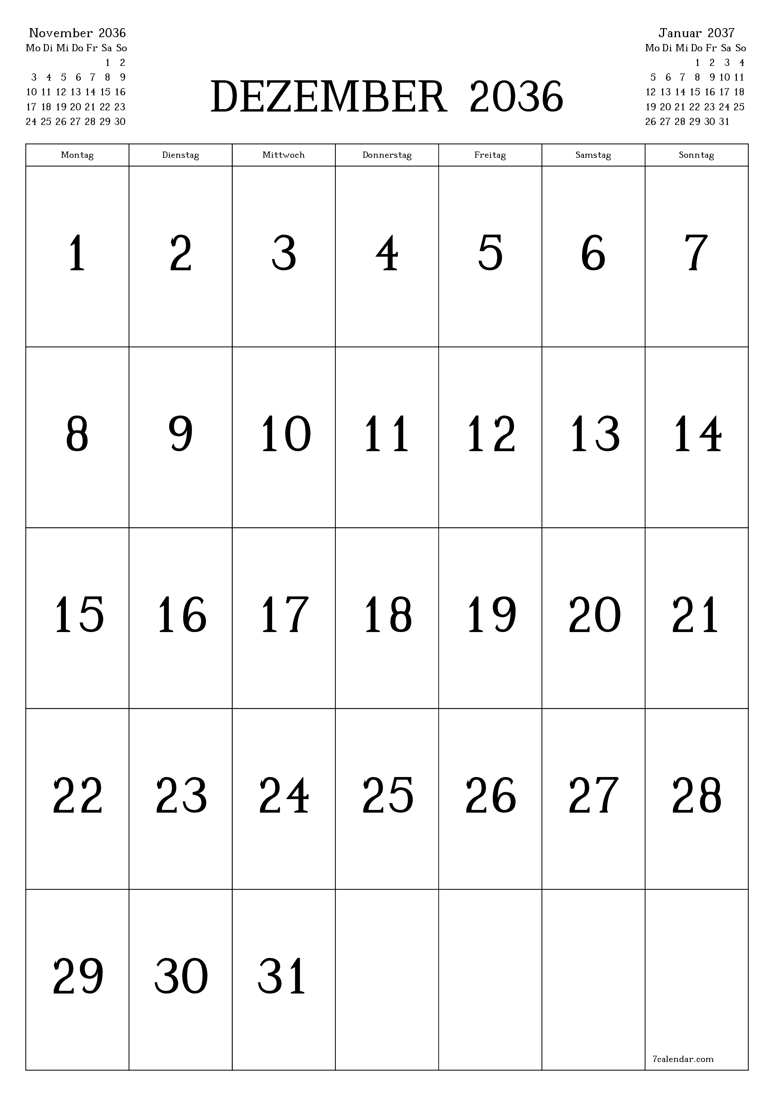  zum Ausdrucken Wandkalender vorlage kostenloser vertikal Monatlich Kalender Dezember (Dez) 2036