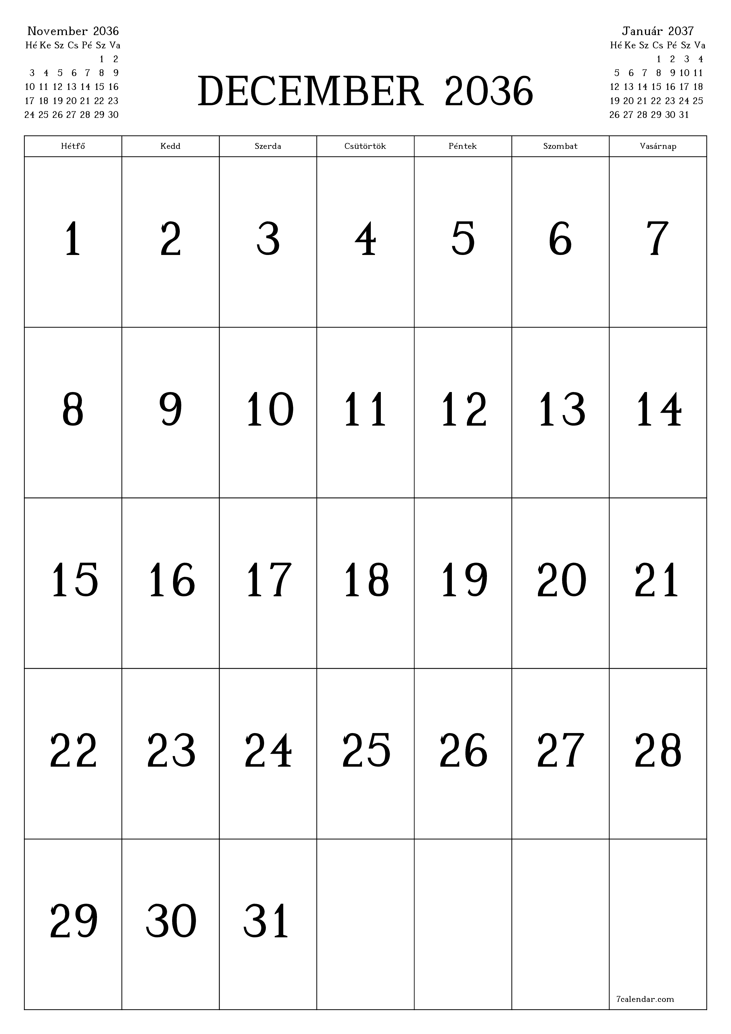 nyomtatható fali sablon ingyenes függőleges Havi naptár December (Dec) 2036