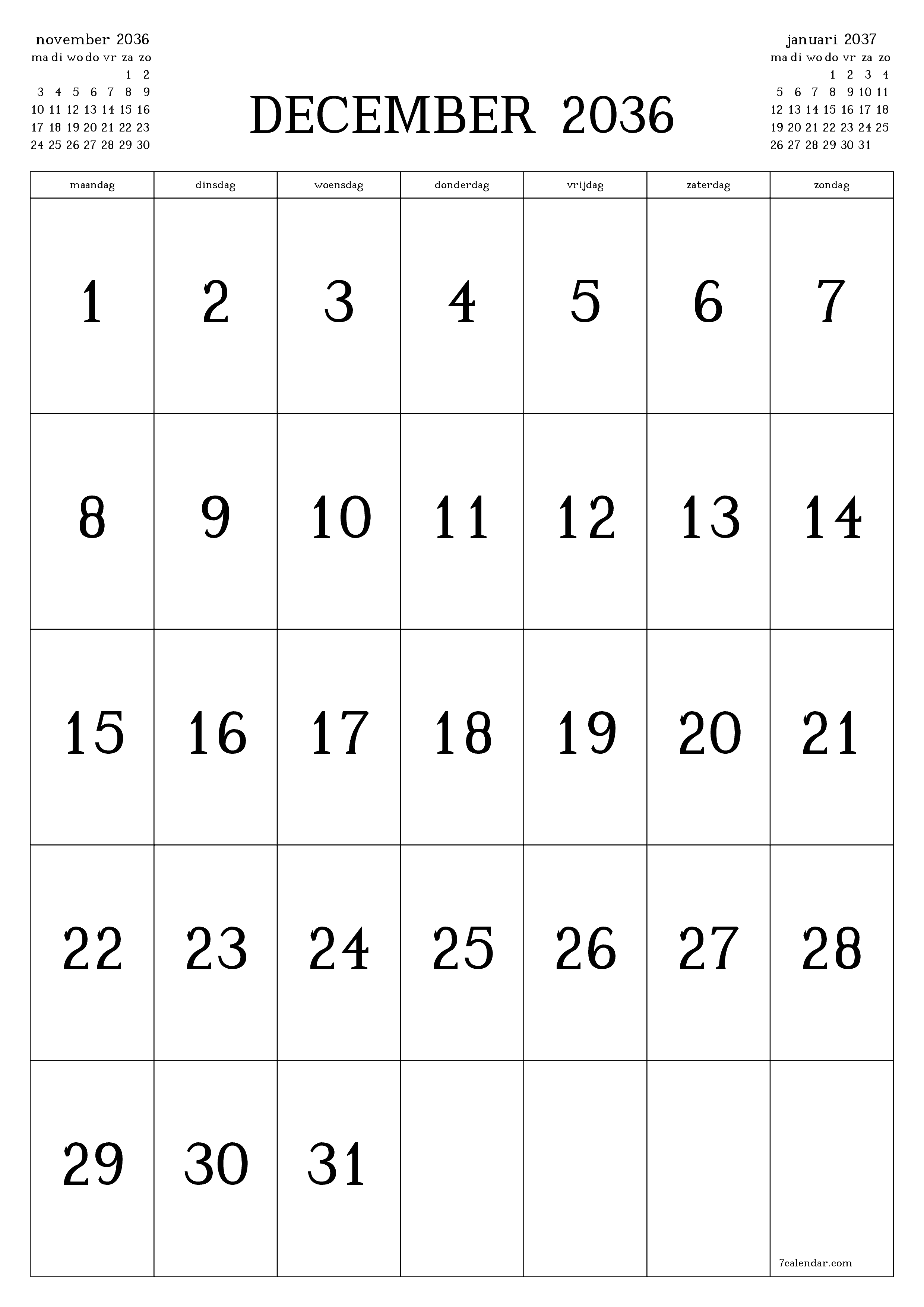 afdrukbare muur sjabloon gratis verticaal Maandelijks kalender december (dec) 2036