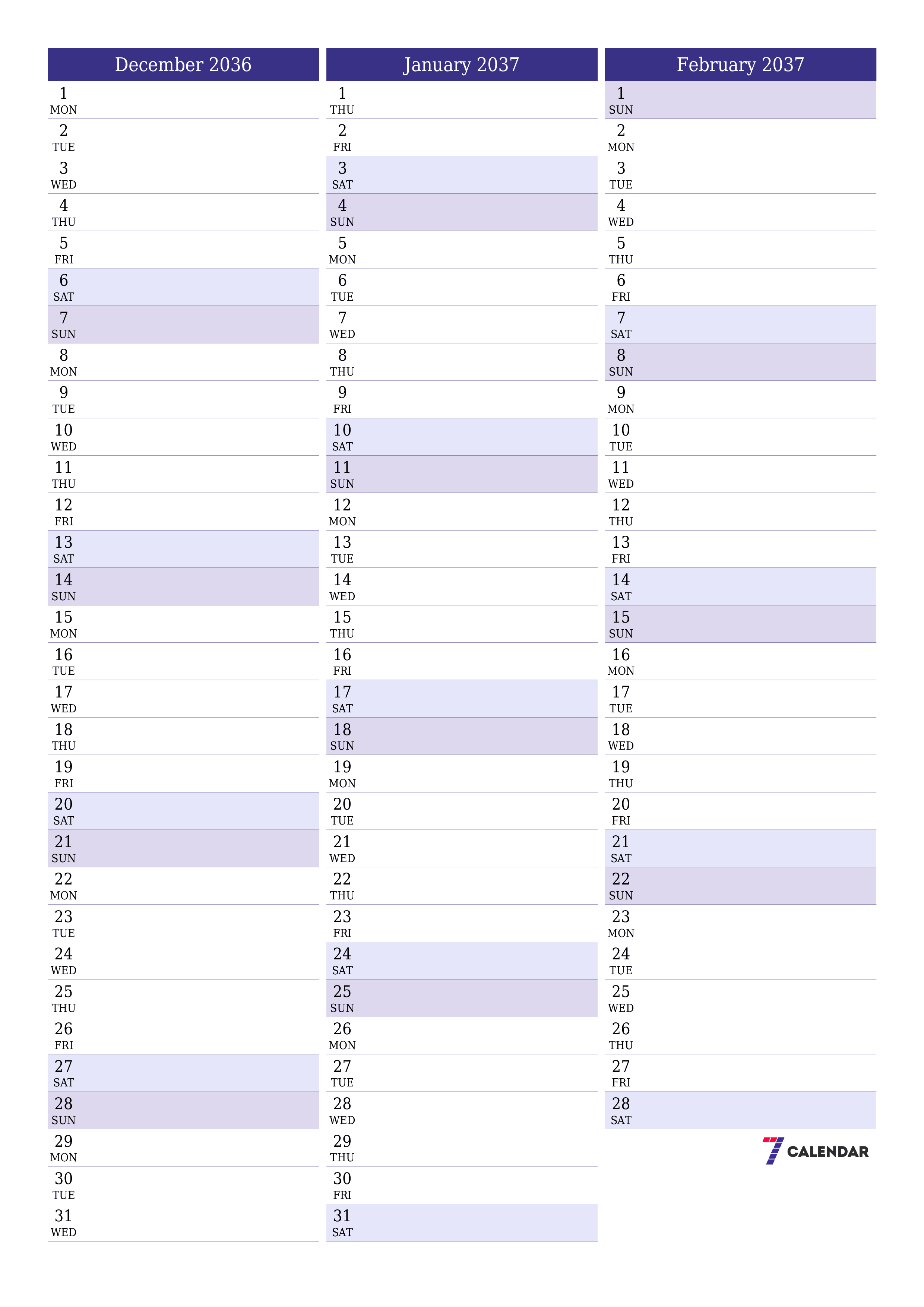 printable wall template free vertical Monthly planner calendar December (Dec) 2036