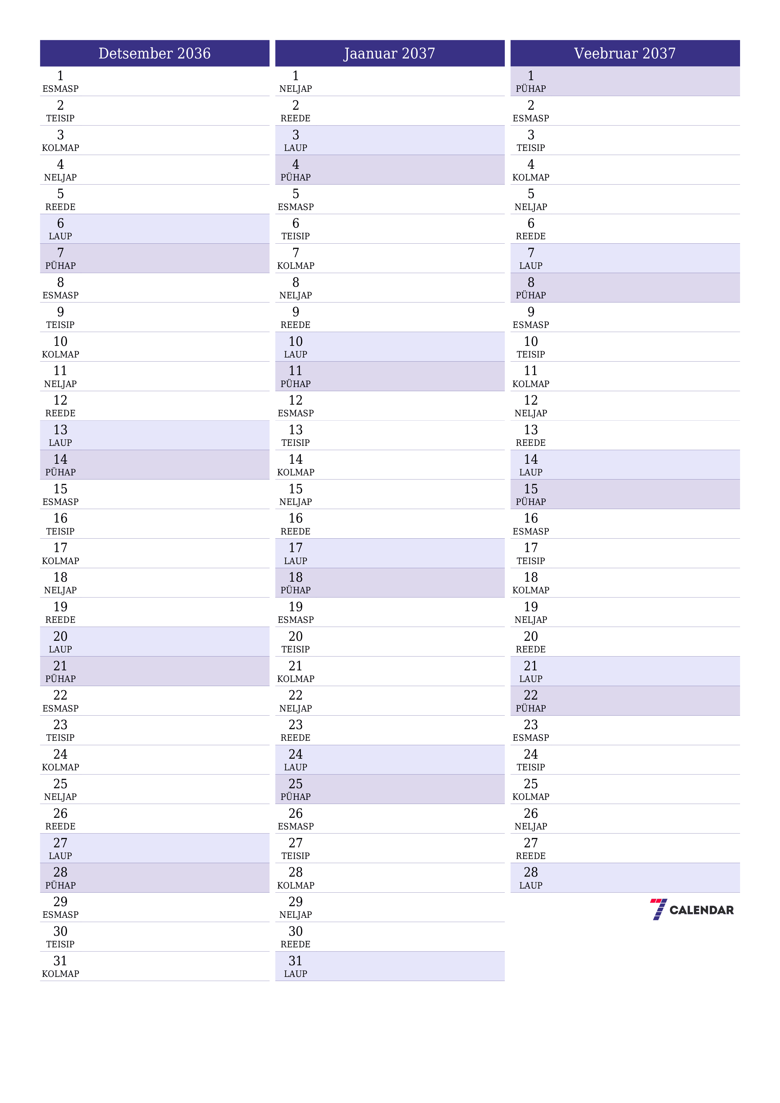 prinditav seina kalendri mall tasuta vertikaalne Igakuine planeerija kalender Detsember (Dets) 2036