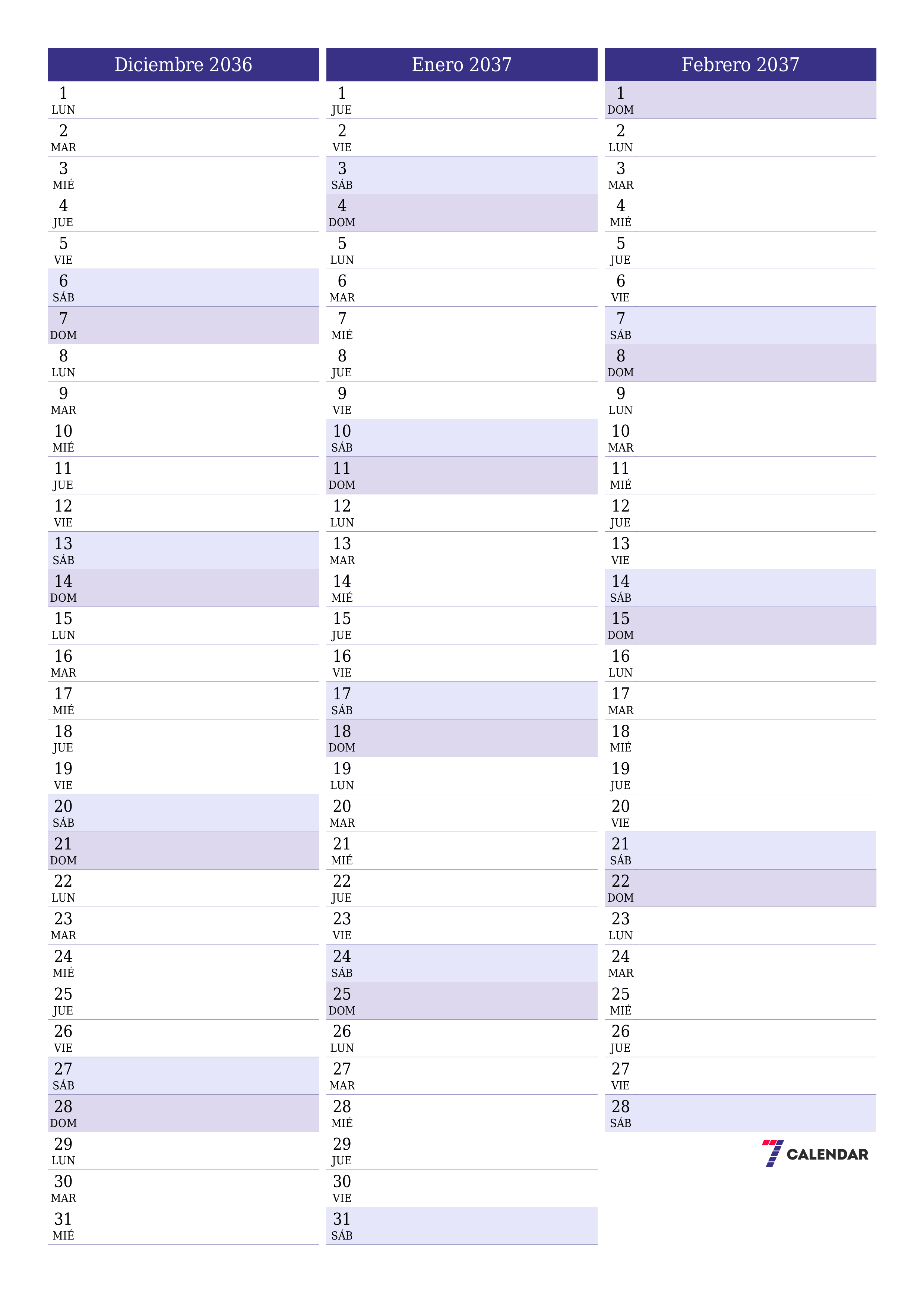  imprimible de pared plantilla de gratisvertical Mensual planificador calendario Diciembre (Dic) 2036