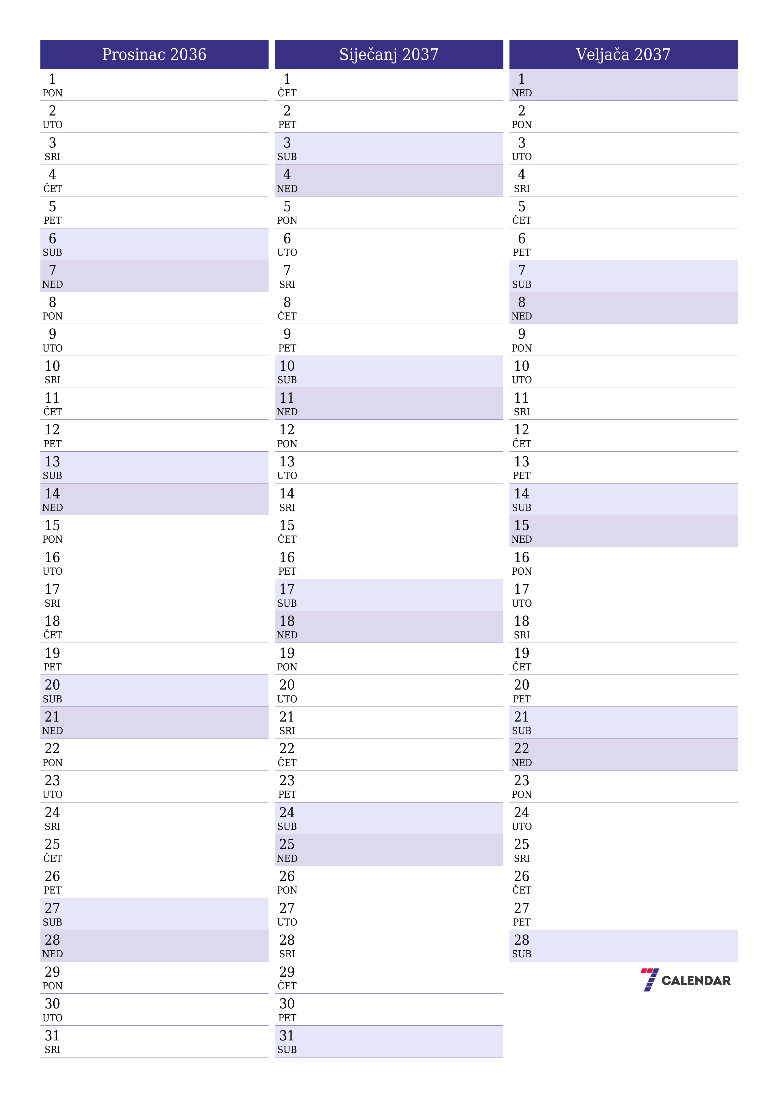  za ispis zidni predložak a besplatni okomito Mjesečni planer kalendar Prosinac (Pro) 2036