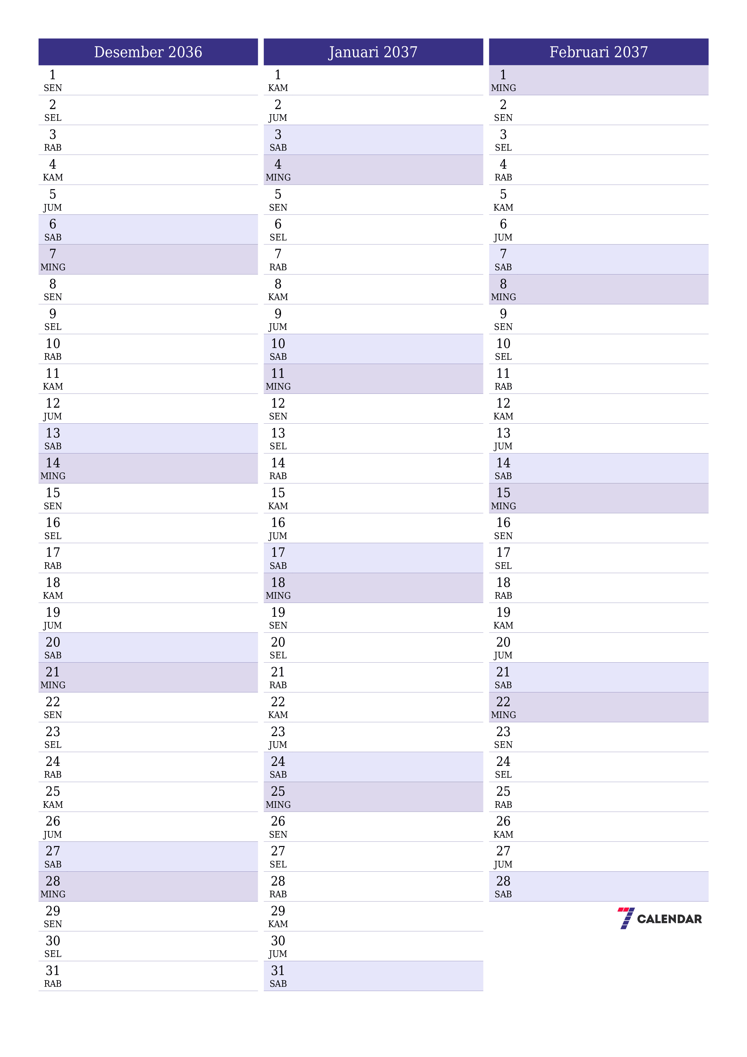  yang dapat dicetak dinding templat gratisvertikal Bulanan perencana kalender Desember (Des) 2036