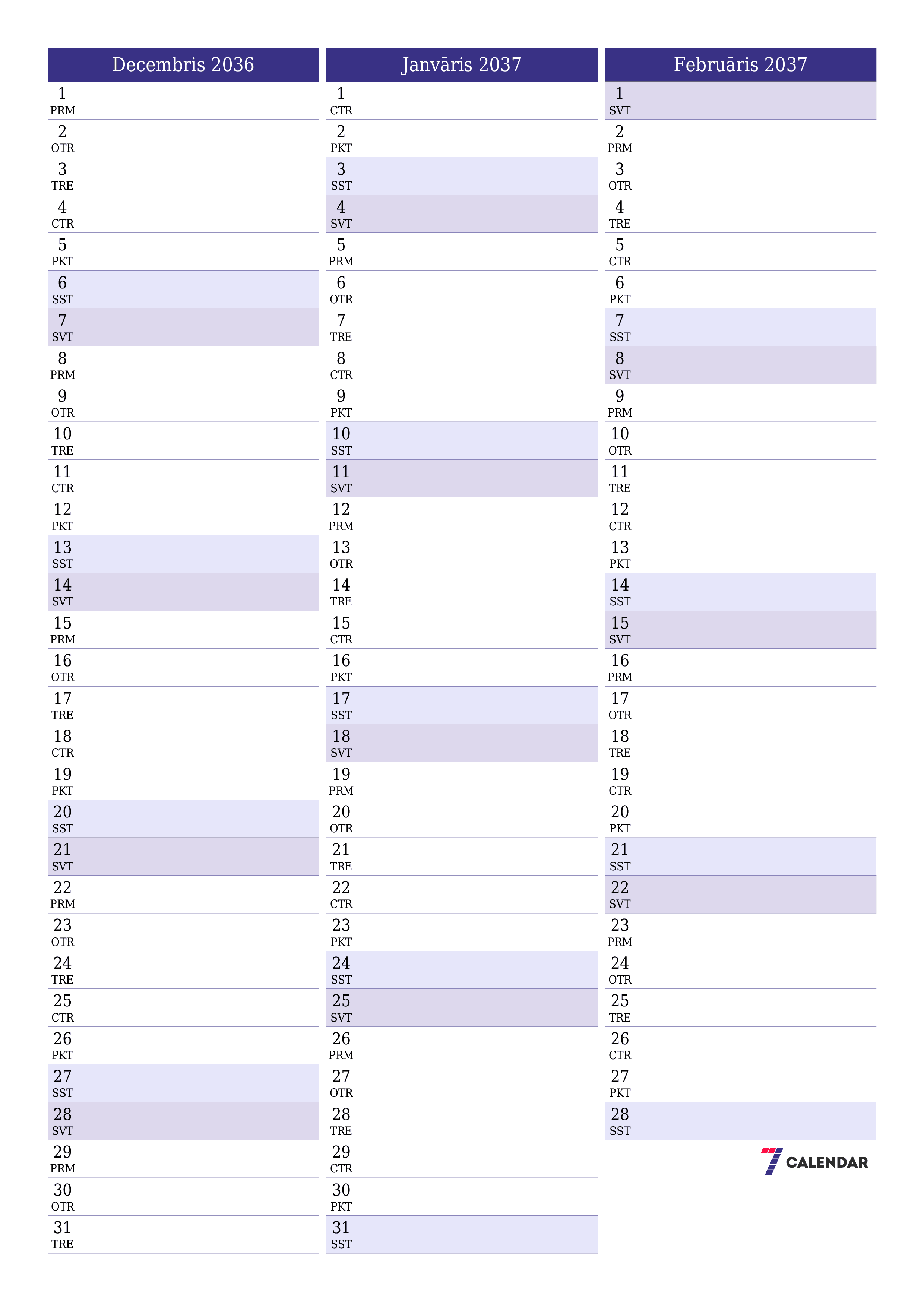 izdrukājams sienas kalendāra veidne bezmaksas vertikāli Mēneša plānotājs kalendārs Decembris (Dec) 2036
