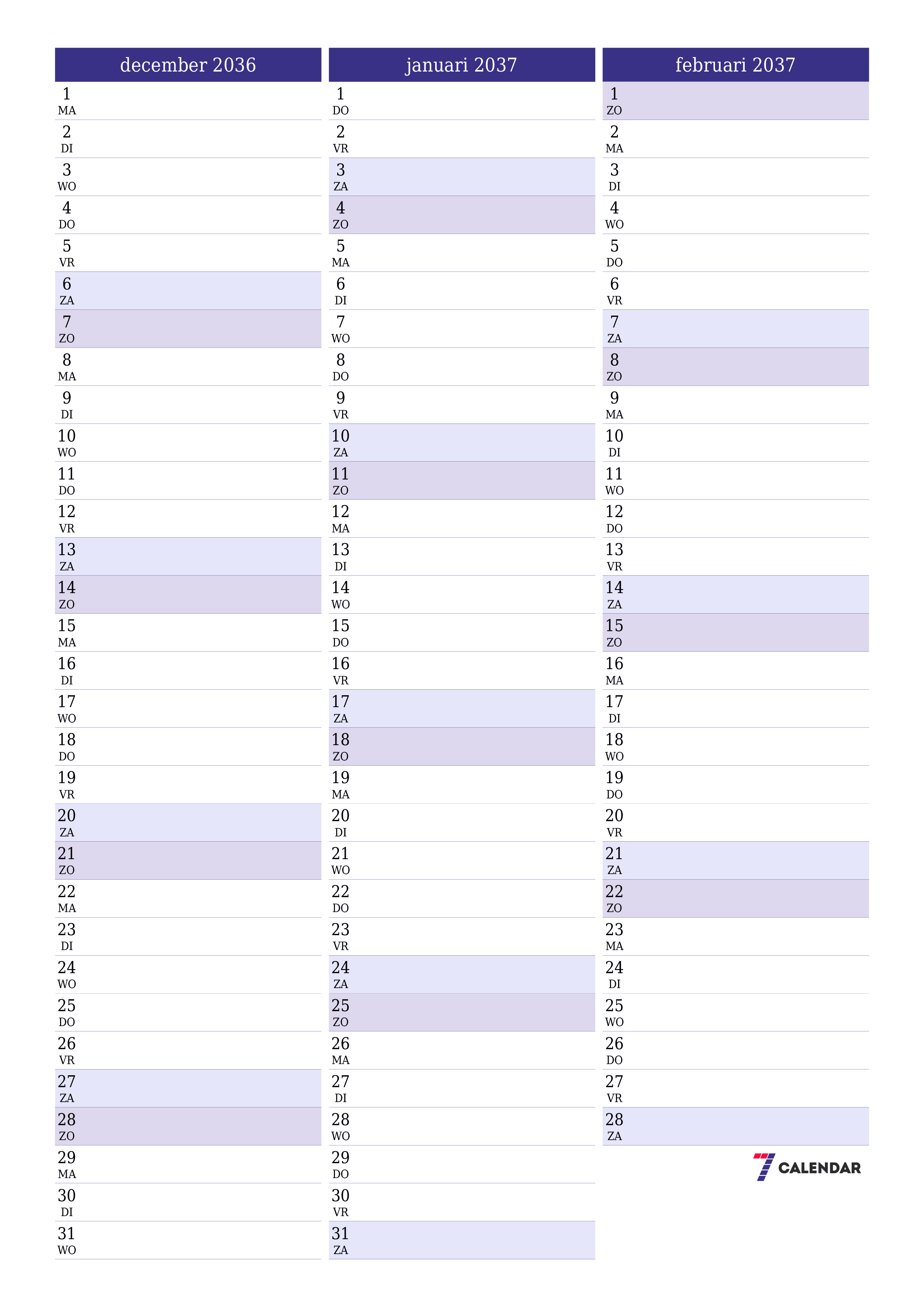 afdrukbare muur sjabloon gratis verticaal Maandelijks planner kalender december (dec) 2036