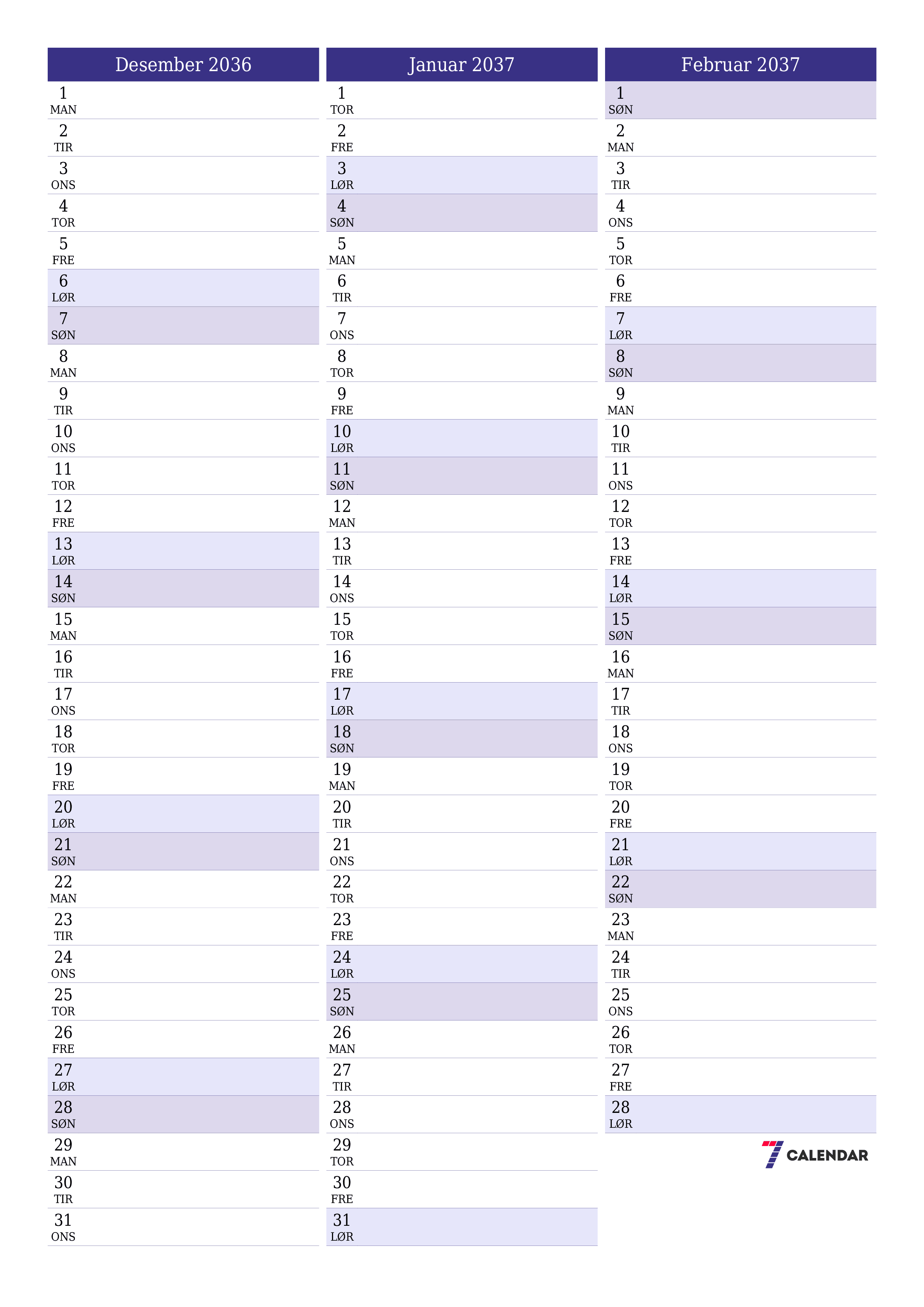 utskrivbar vegg mal gratis vertikal Månedlig planlegger kalender Desember (Des) 2036