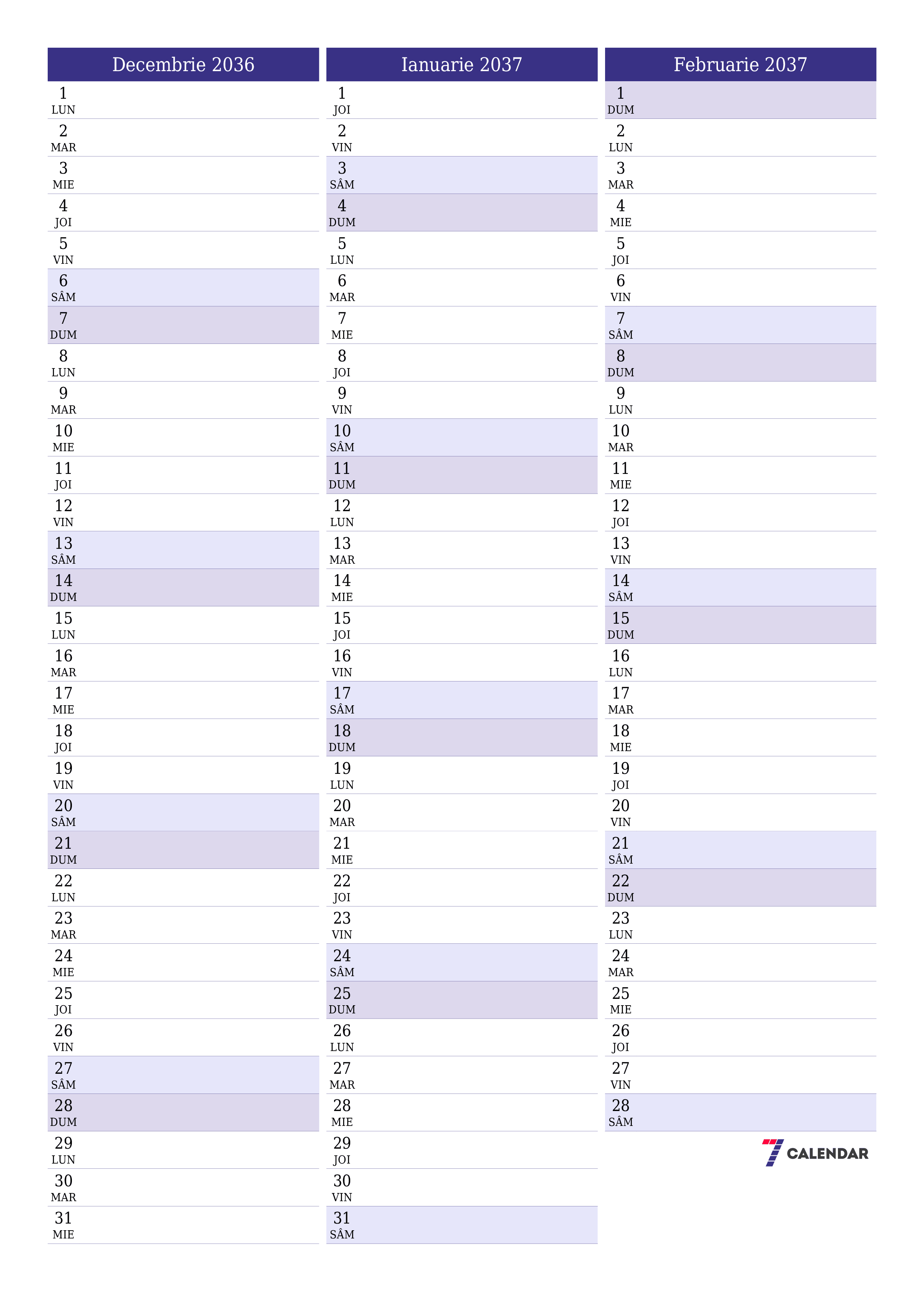  imprimabil de perete șablon de gratuitvertical Lunar planificator calendar Decembrie (Dec) 2036