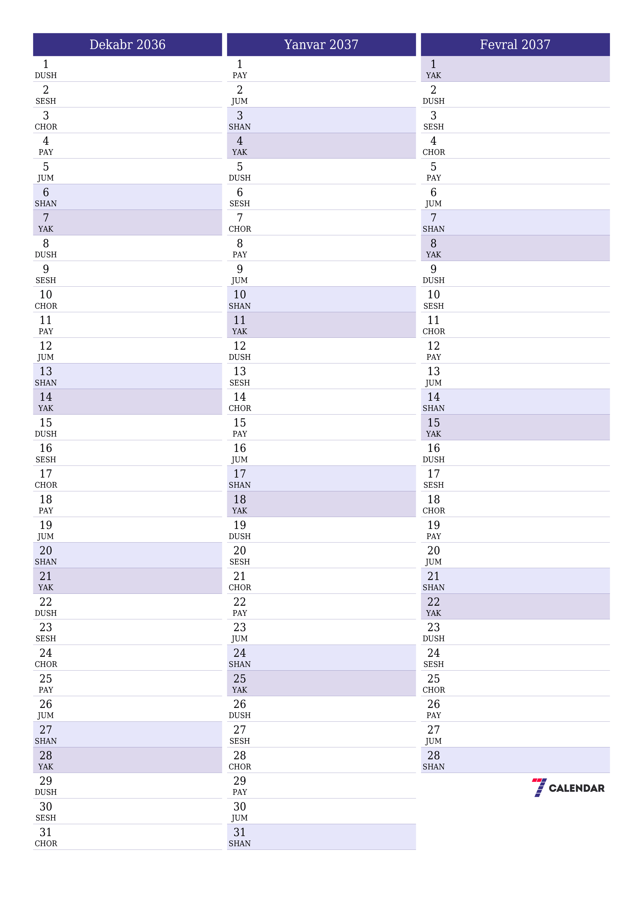 Dekabr 2036 oylik oylik rejalashtiruvchini yozuvlar bilan bo'shatish, saqlash va PDF-ga chop etish PNG Uzbek