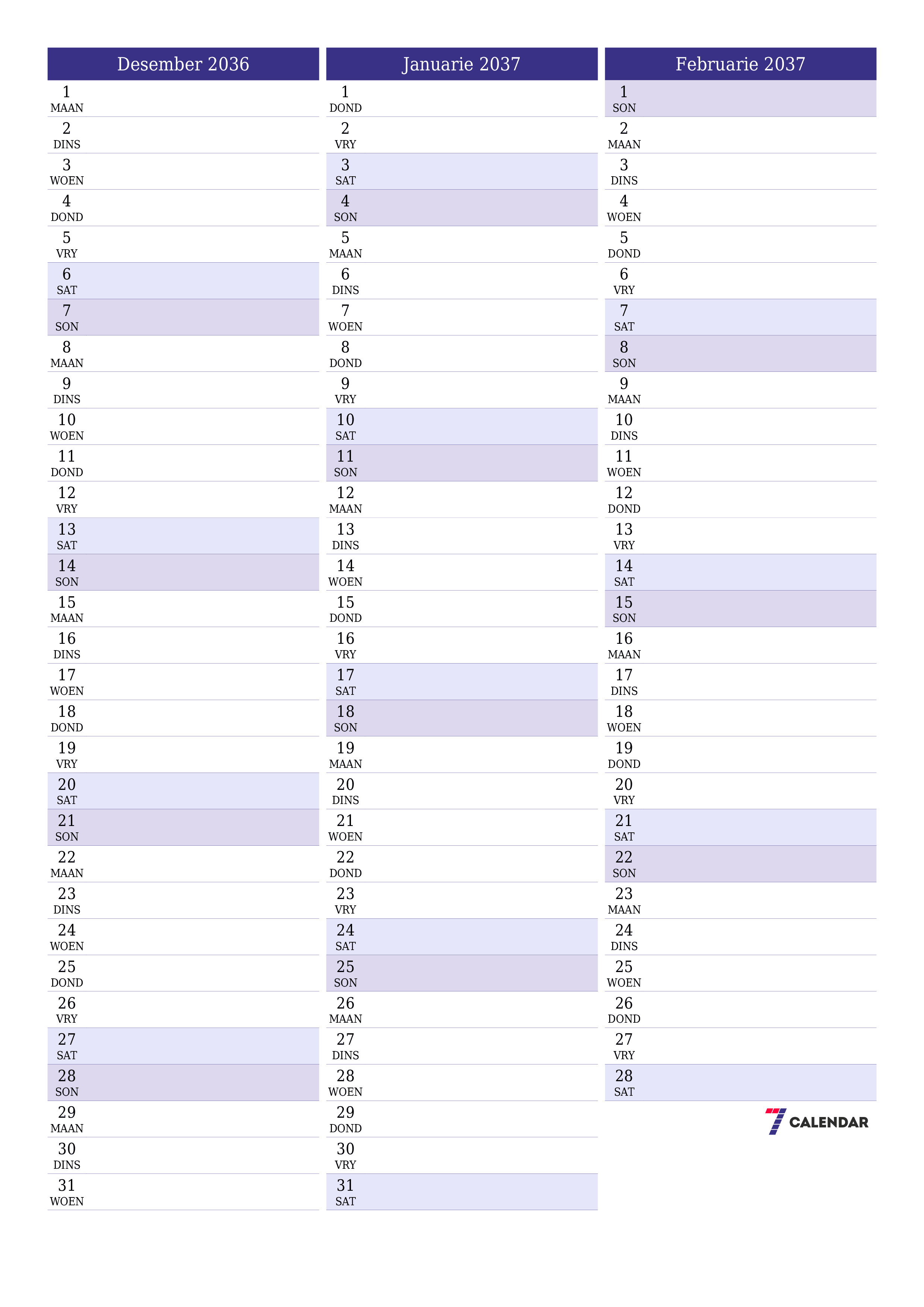 drukbare muur template gratis vertikaal Maandeliks beplanner kalender Desember (Des) 2036
