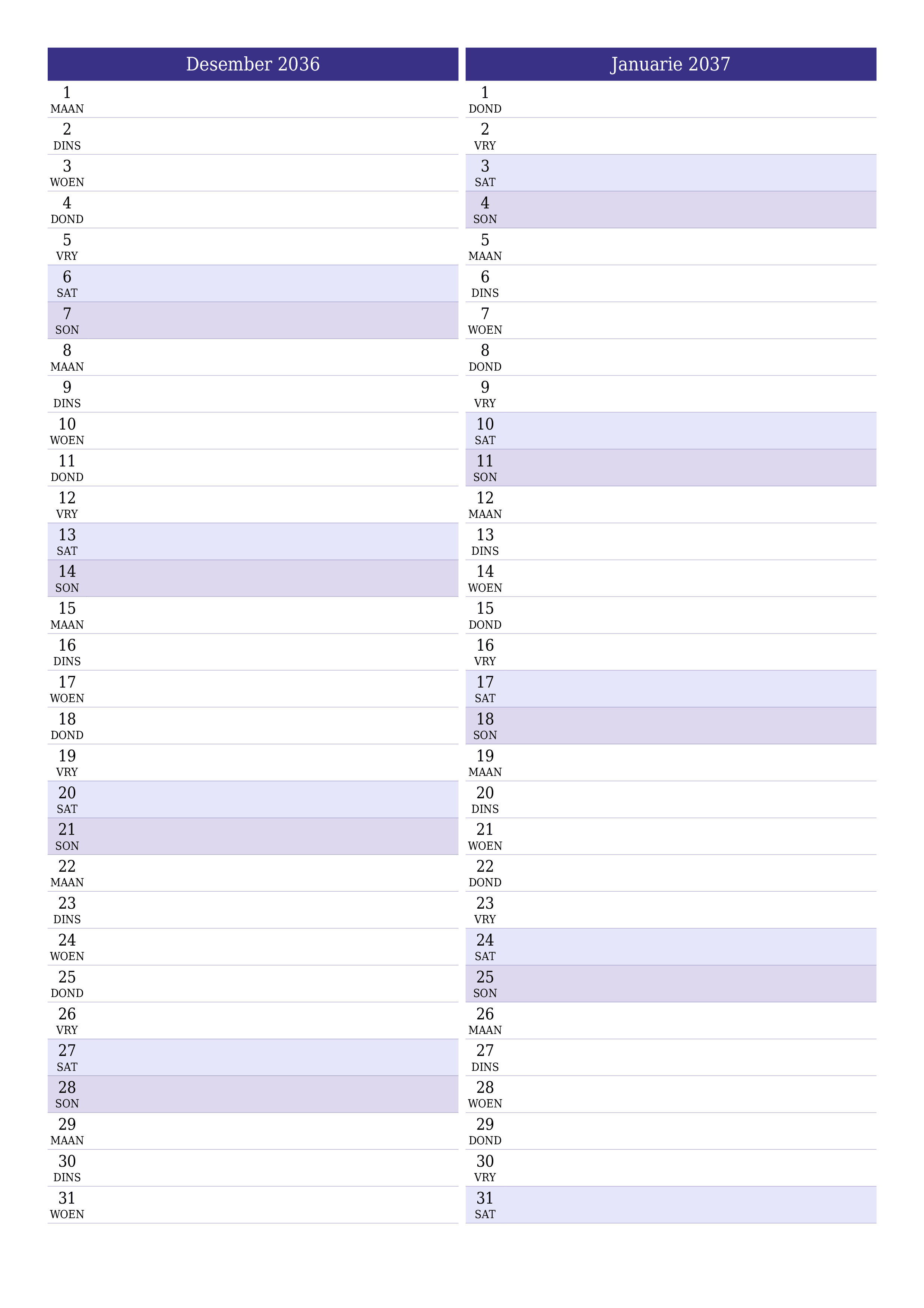 drukbare muur template gratis vertikaal Maandeliks beplanner kalender Desember (Des) 2036
