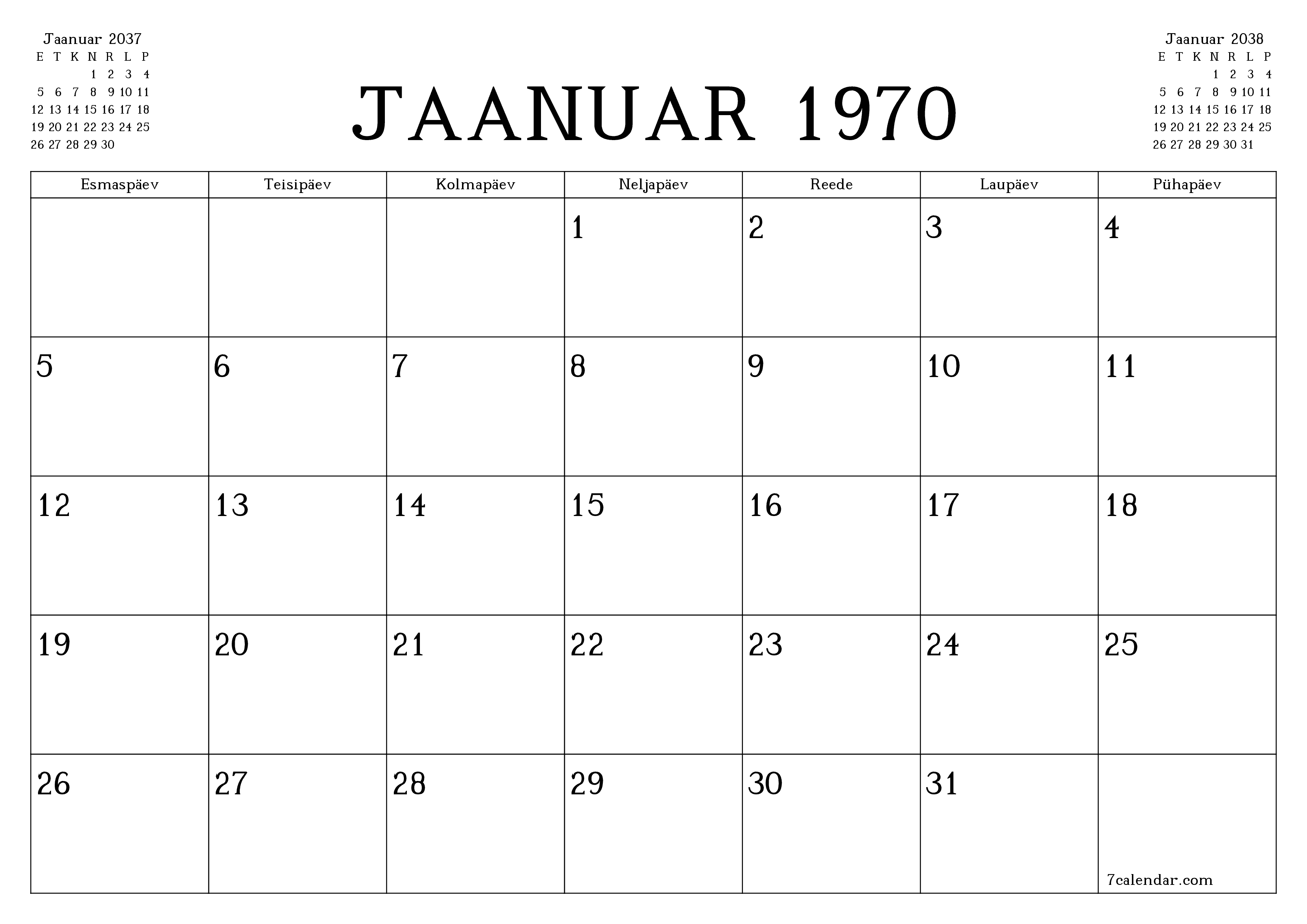 Tühjendage kuu Detsember 2037 kuuplaneerija märkmetega, salvestage ja printige PDF-i PNG Estonian