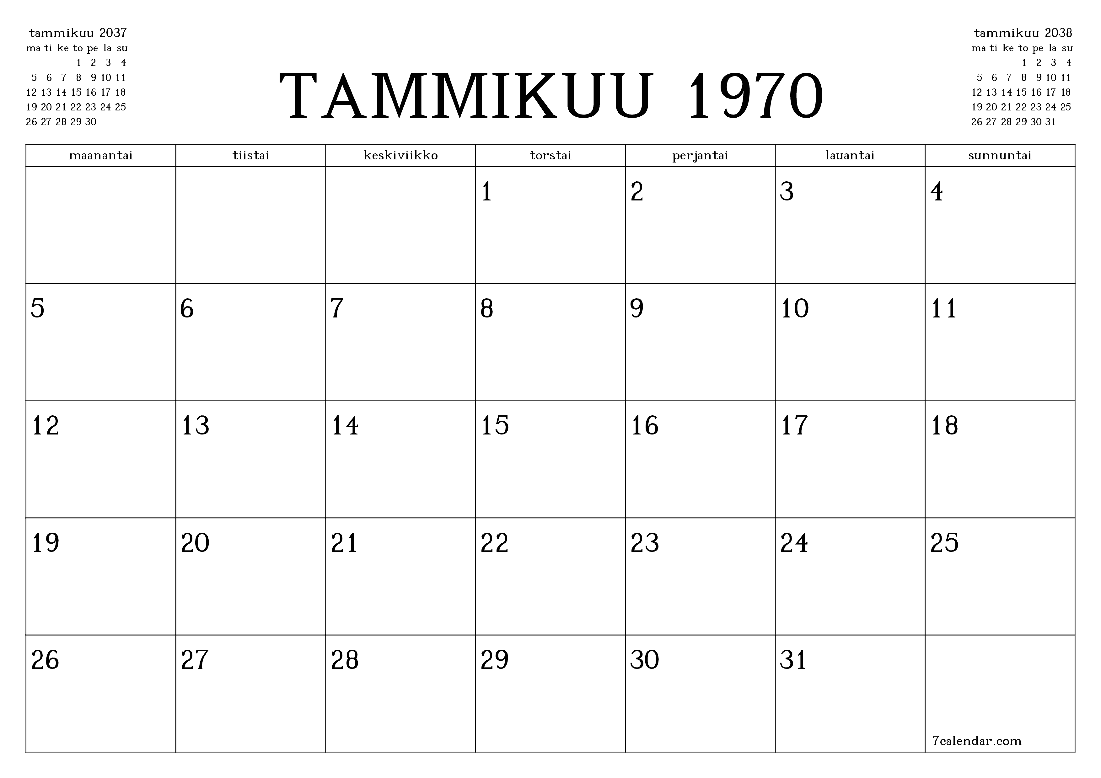 Tyhjennä kuukausittainen suunnittelija kuukaudelle Joulukuu 2037 muistiinpanoilla, tallenna ja tulosta PDF-muotoon PNG Finnish