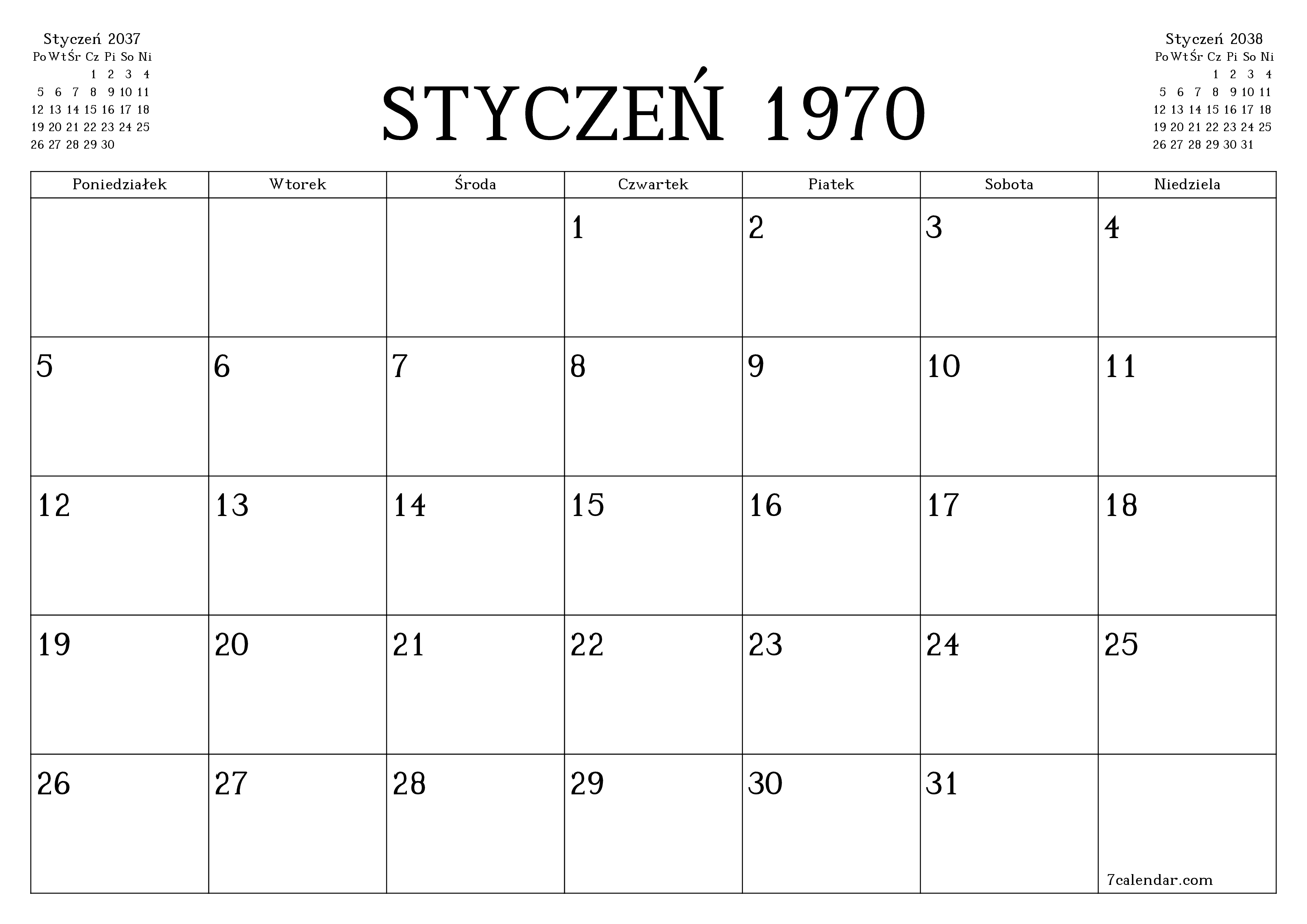 Opróżnij miesięczny planer na miesiąc Grudzień 2037 z notatkami, zapisz i wydrukuj w formacie PDF PNG Polish