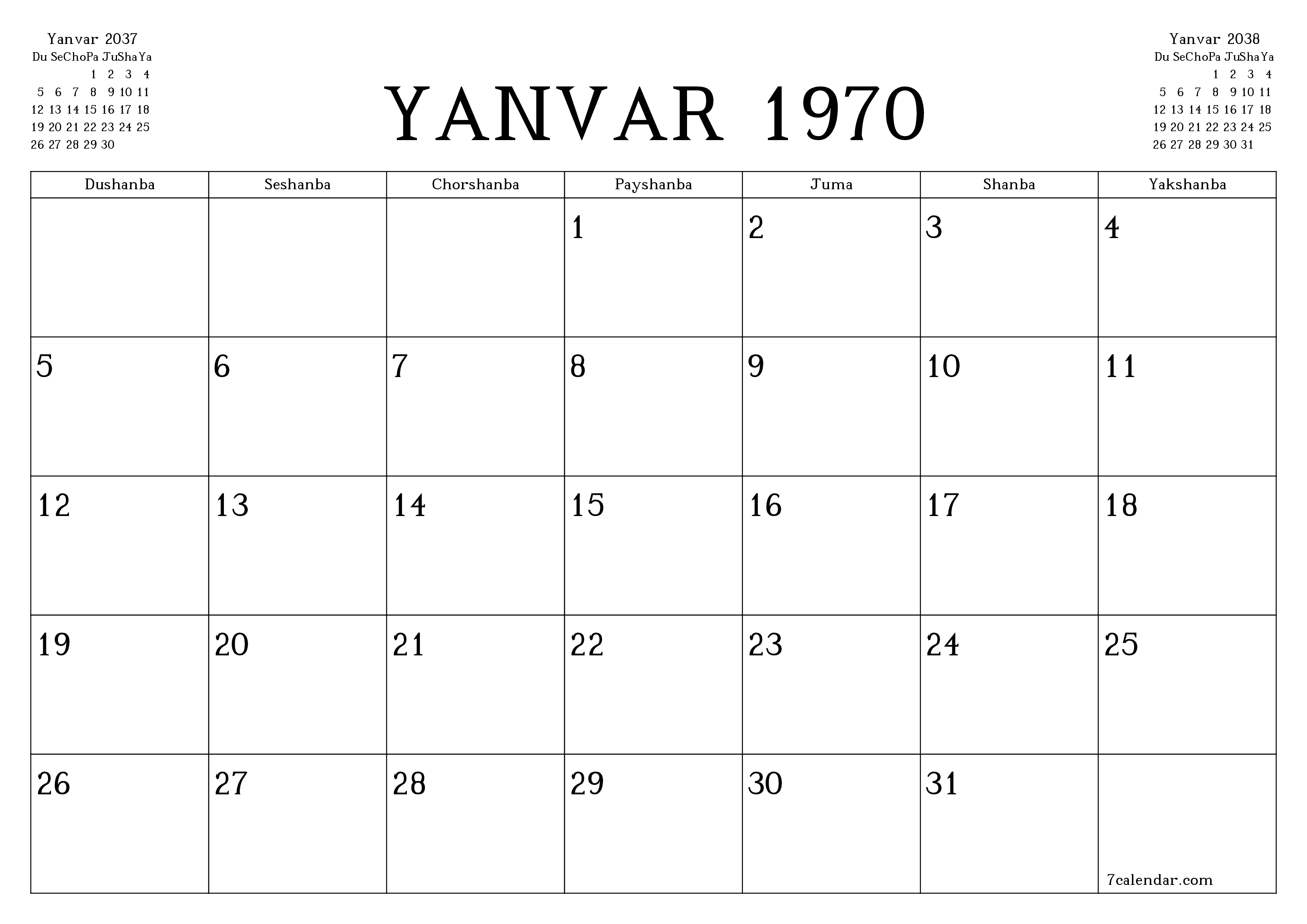 Dekabr 2037 oylik oylik rejalashtiruvchini yozuvlar bilan bo'shatish, saqlash va PDF-ga chop etish PNG Uzbek