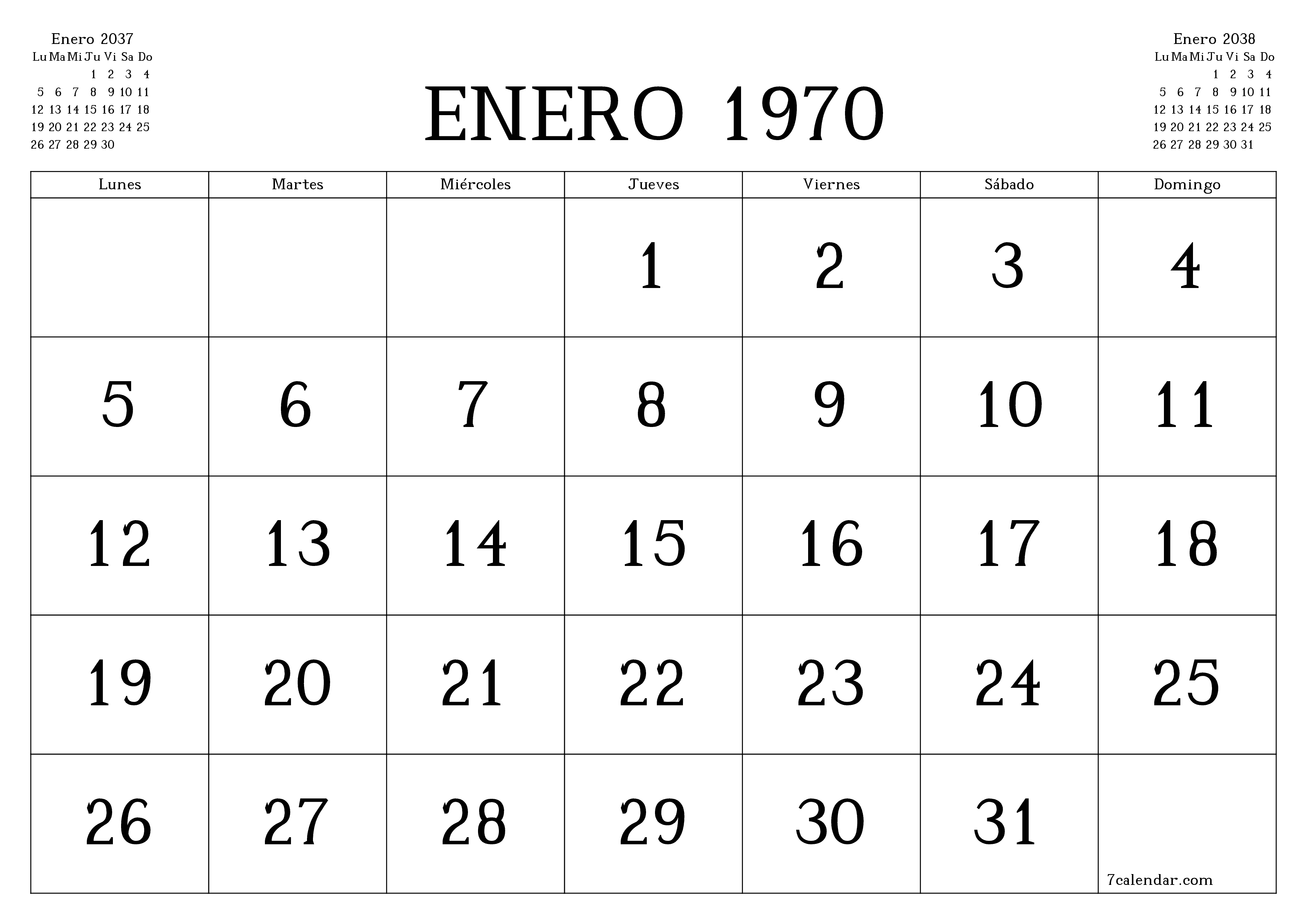 Planificador mensual vacío para el mes Diciembre 2037 con notas, guardar e imprimir en PDF PNG Spanish