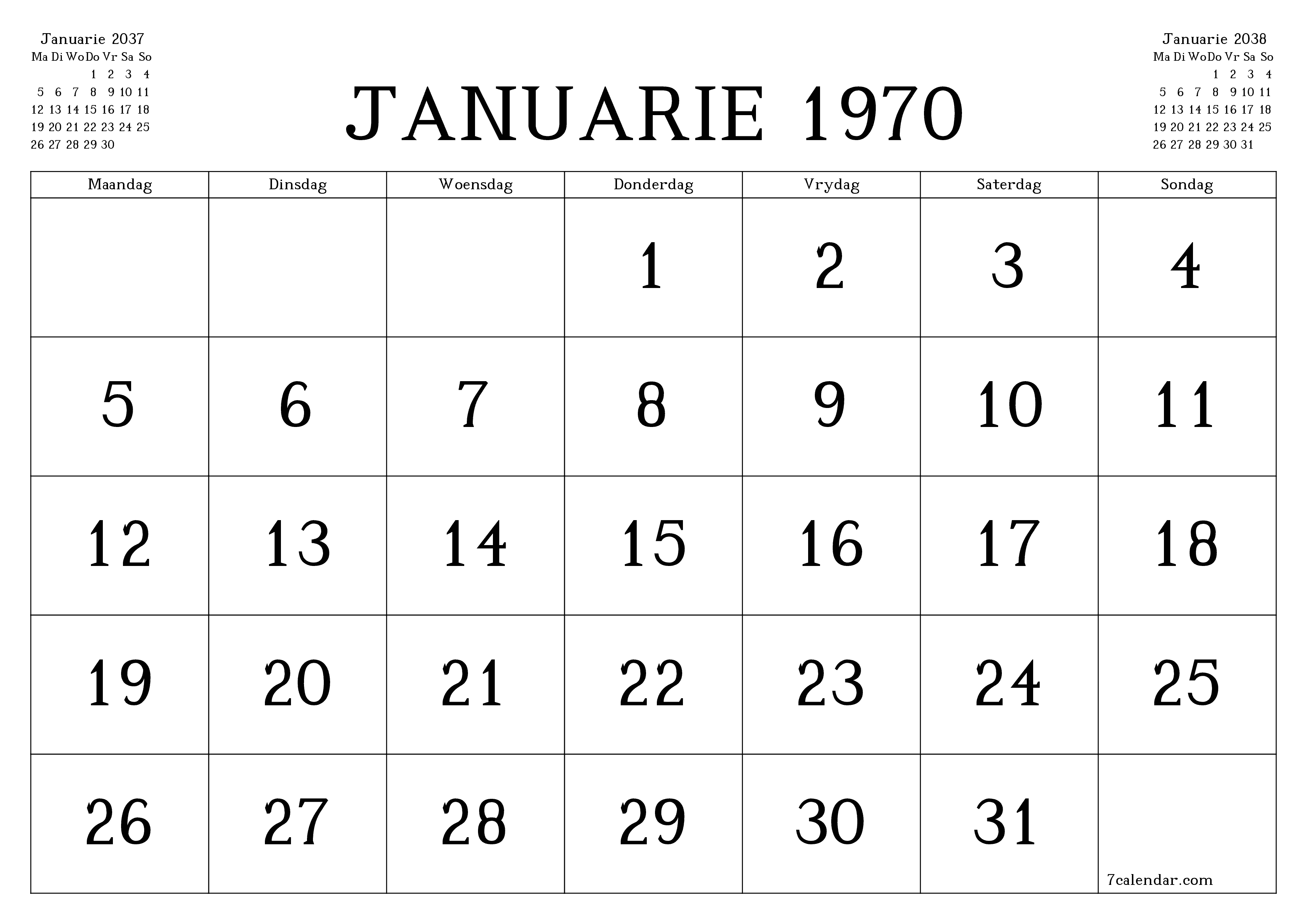 Leë maandelikse drukbare kalender en beplanner vir maand Desember 2037 met notas stoor en druk na PDF PNG Afrikaans