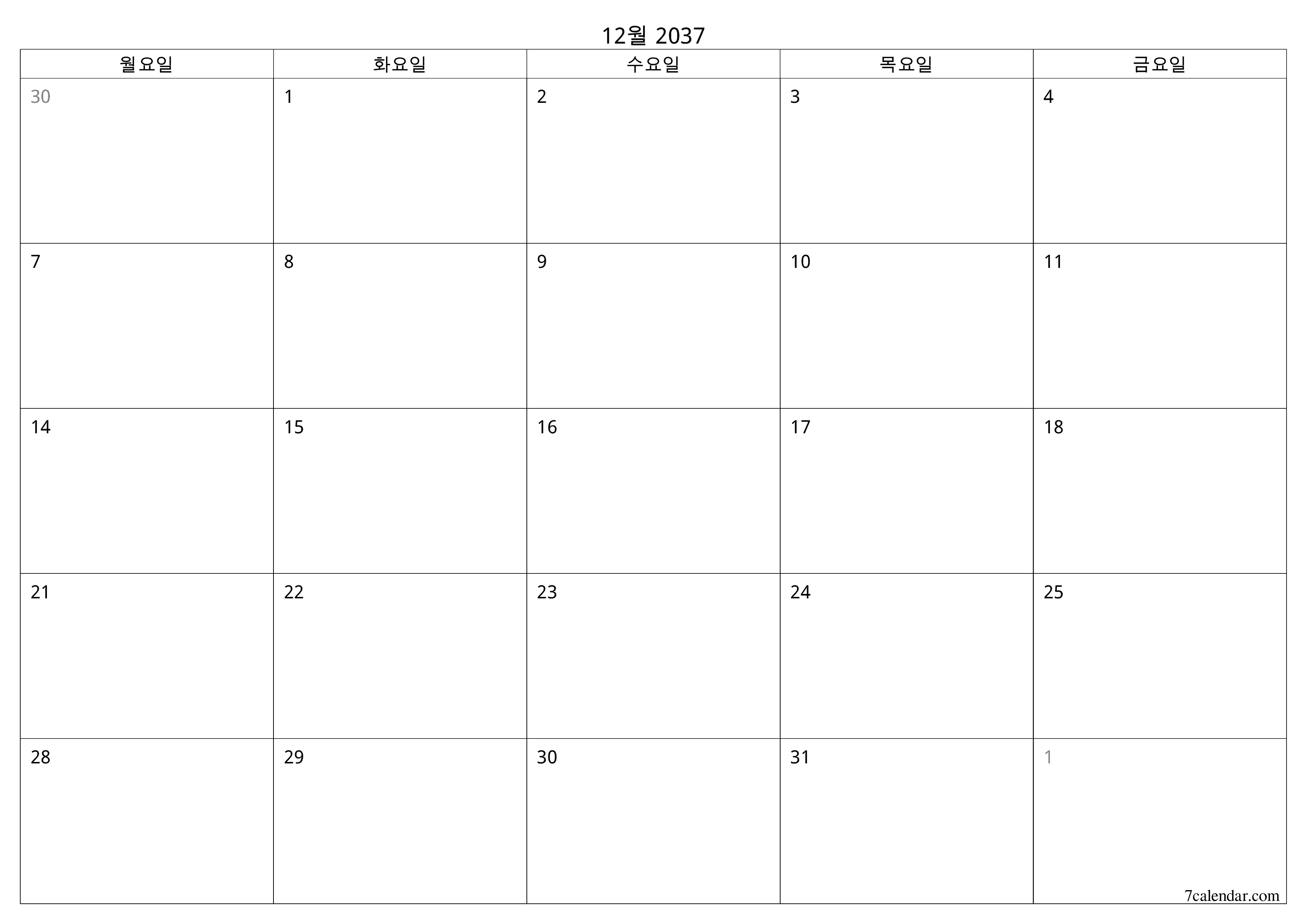 메모가있는 12월 2037 월의 월간 플래너 비우기, PDF PNG Korean-7calendar.com으로 저장 및 인쇄