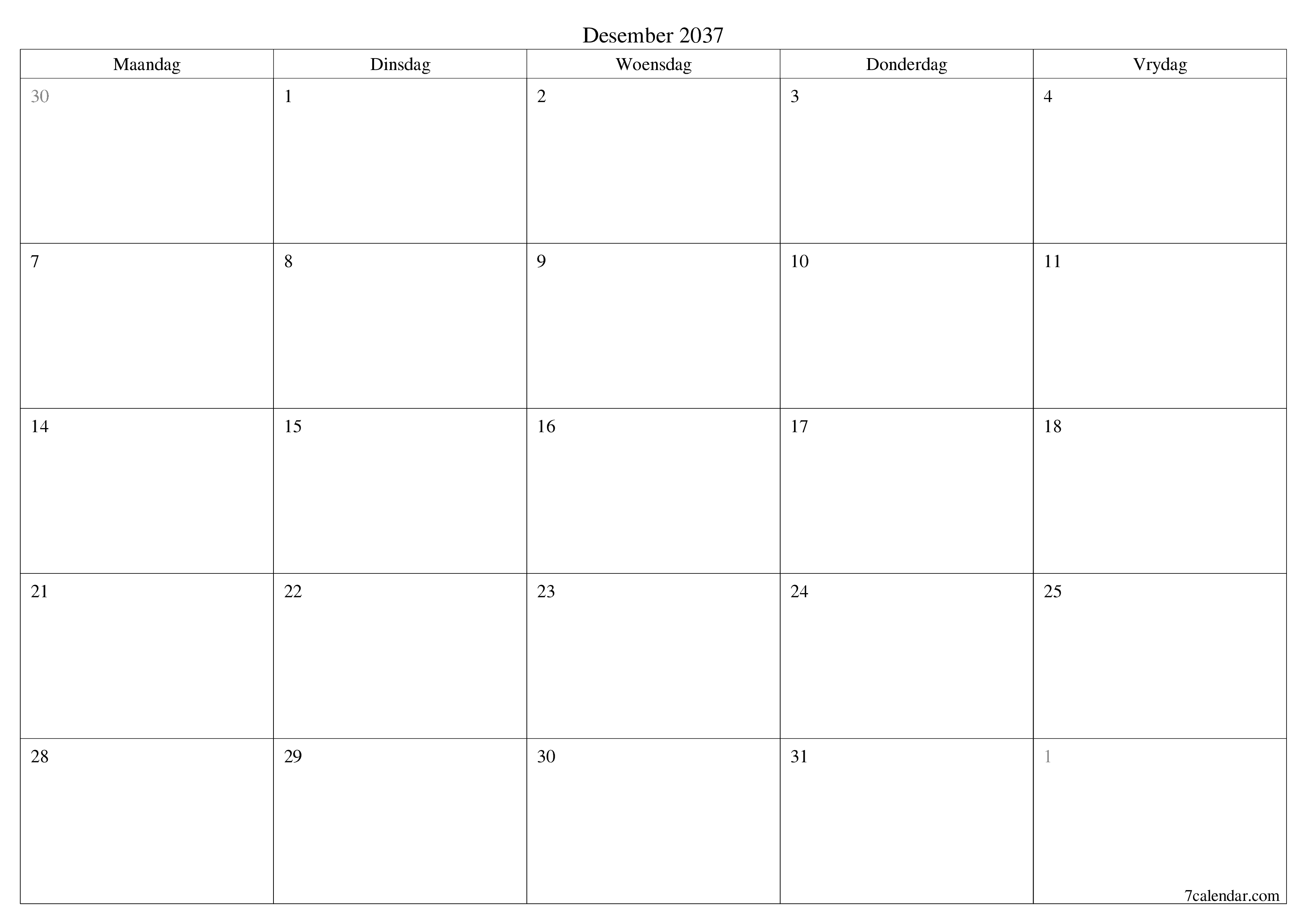 Leë maandelikse drukbare kalender en beplanner vir maand Desember 2037 met notas stoor en druk na PDF PNG Afrikaans
