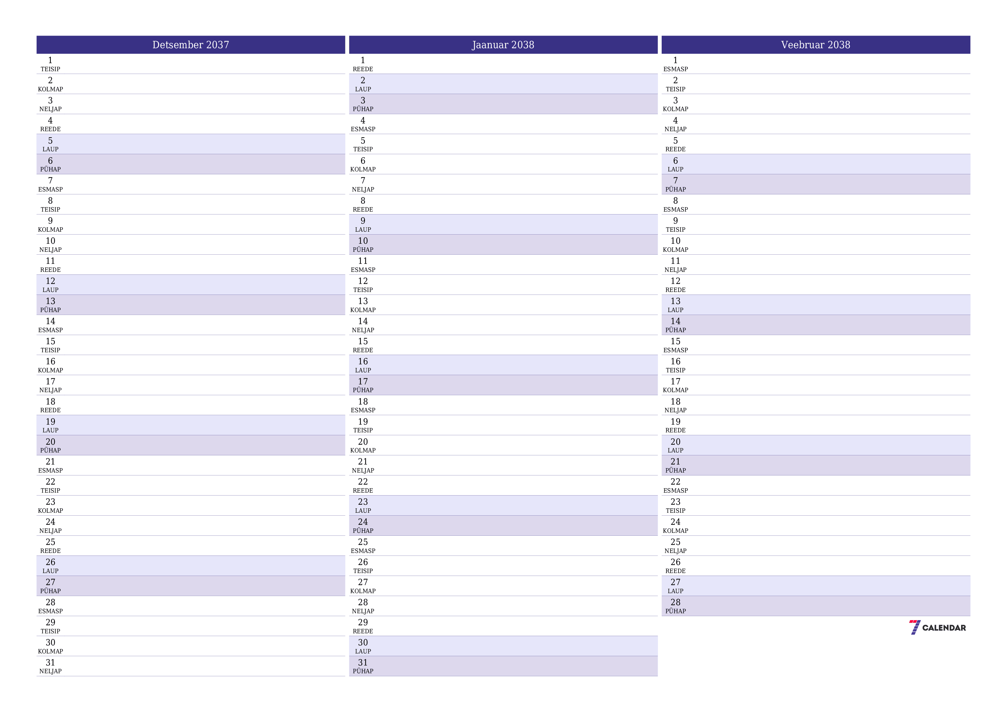 Tühjendage kuu Detsember 2037 kuuplaneerija märkmetega, salvestage ja printige PDF-i PNG Estonian