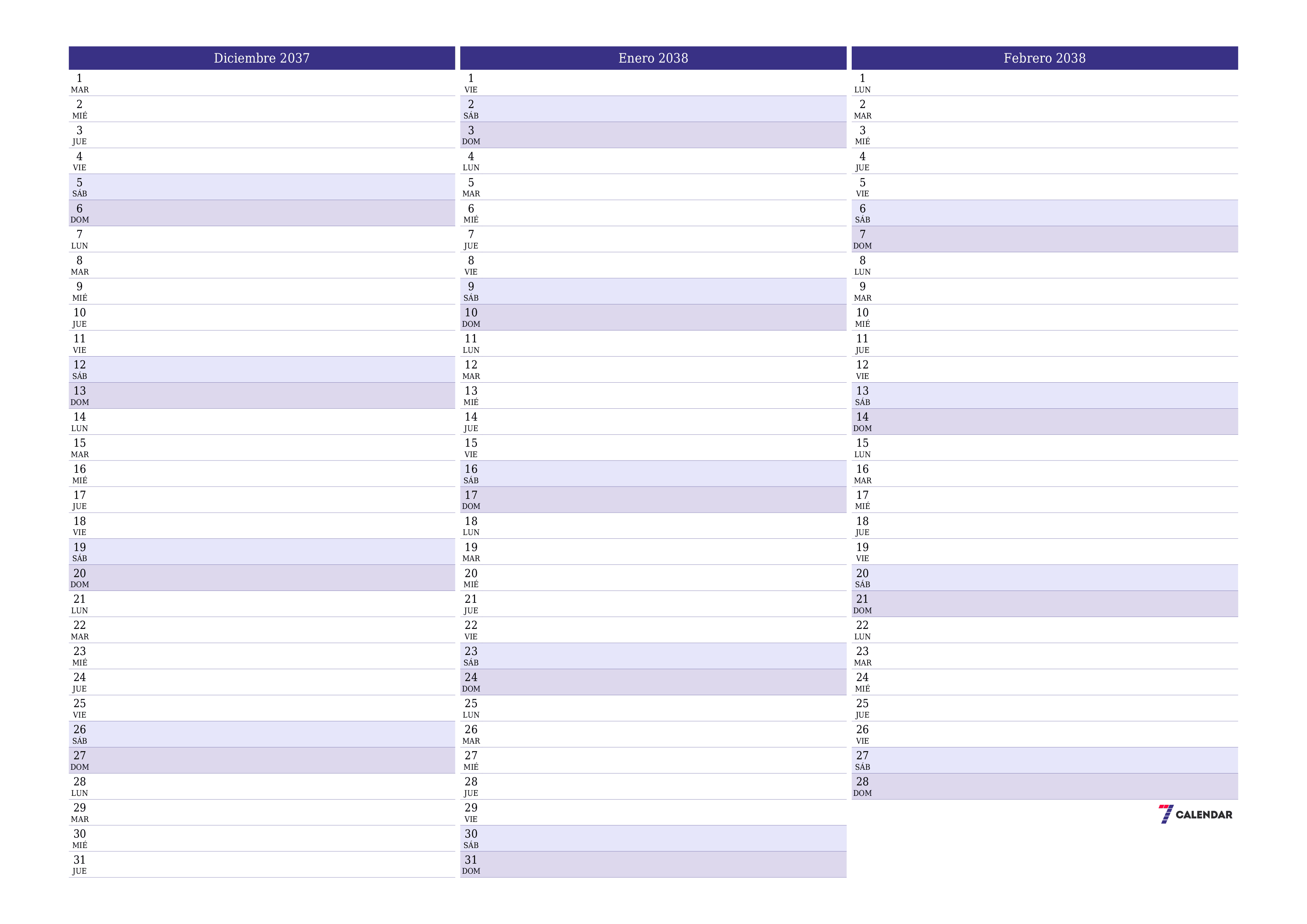 Planificador mensual vacío para el mes Diciembre 2037 con notas, guardar e imprimir en PDF PNG Spanish
