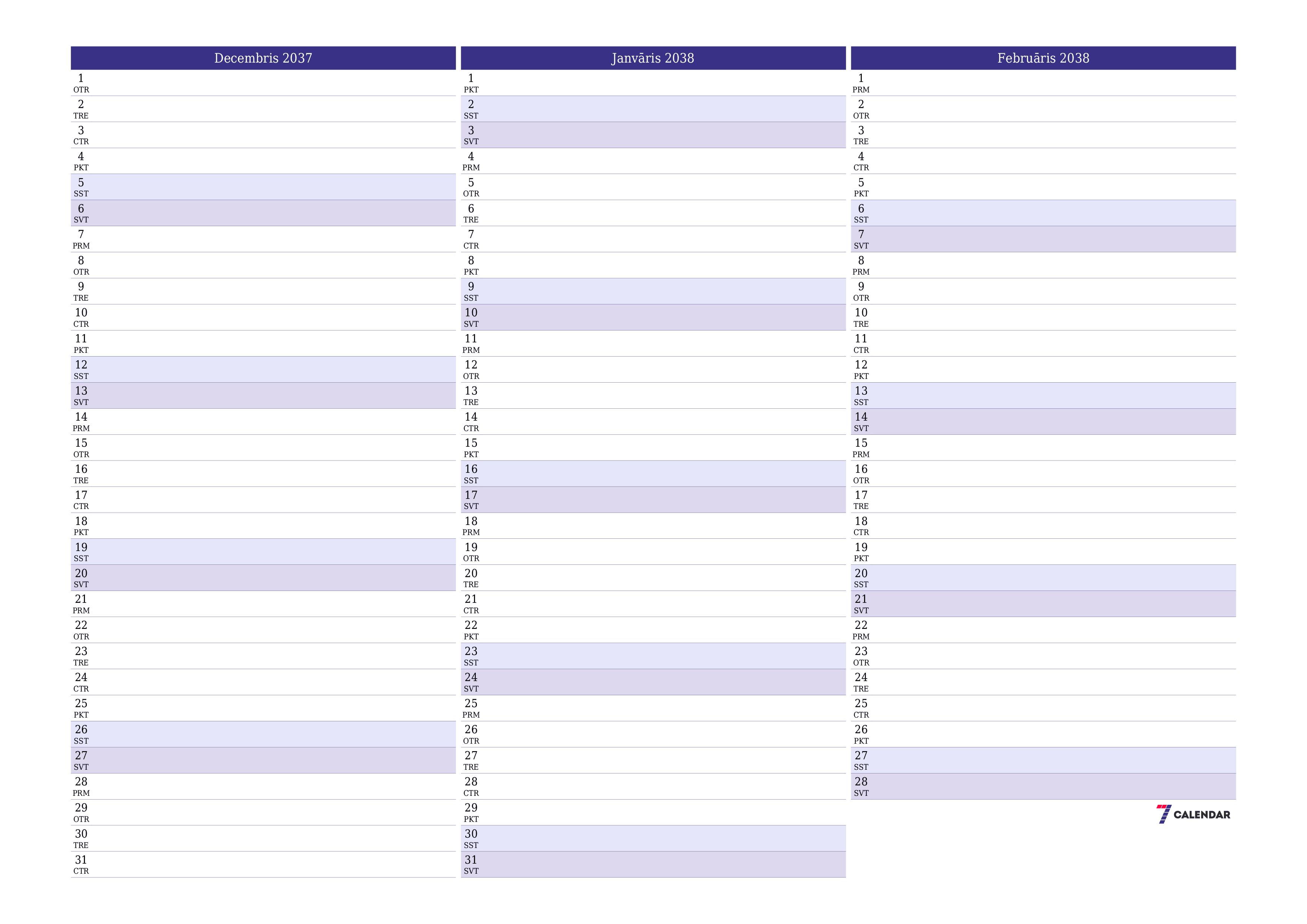 Iztukšot mēneša plānotāju mēnesim Decembris 2037 ar piezīmēm, saglabāt un izdrukāt PDF formātā PNG Latvian