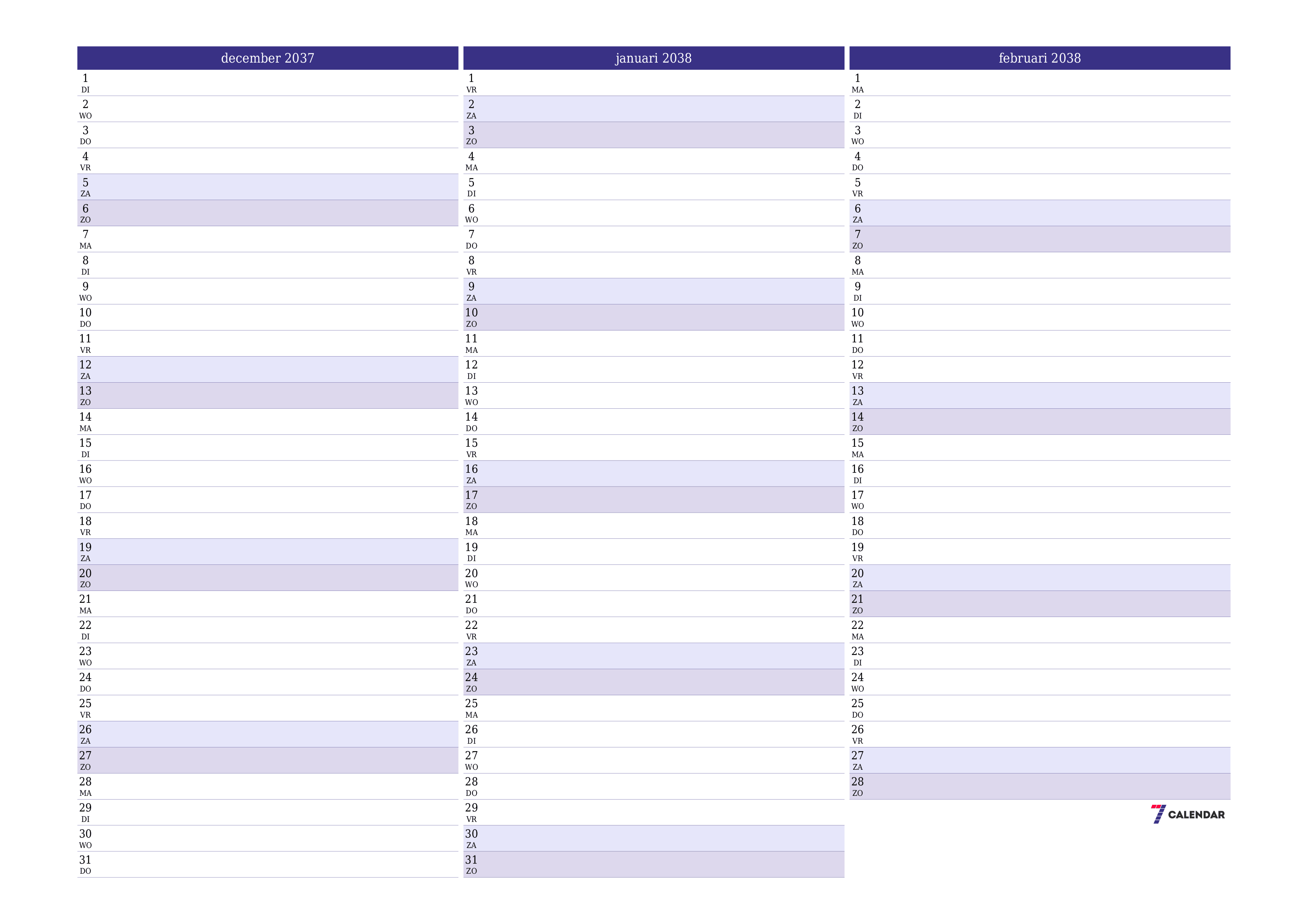 Lege maandplanner voor maand december 2037 met notities, opslaan en afdrukken naar pdf PNG Dutch