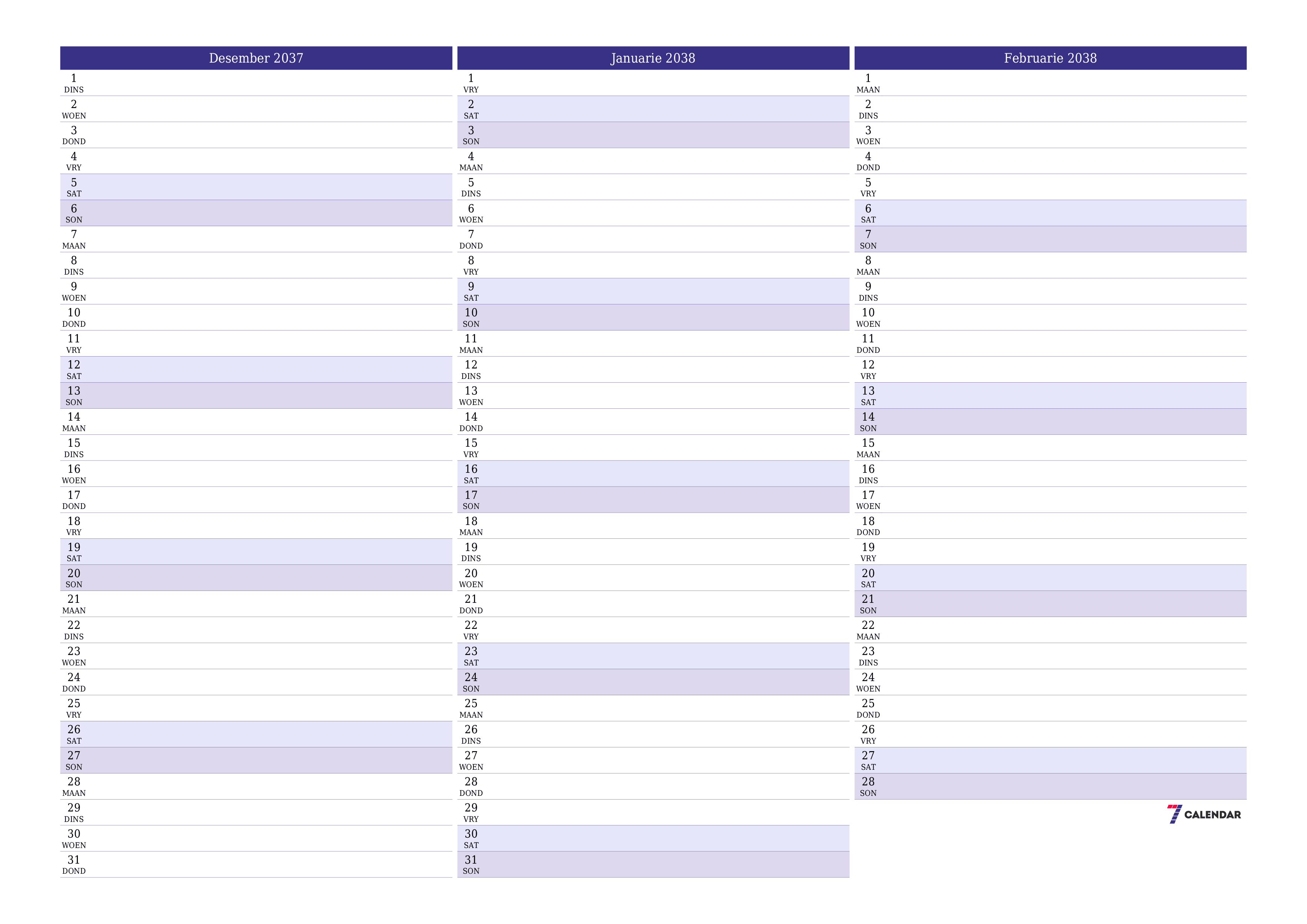 Leë maandelikse drukbare kalender en beplanner vir maand Desember 2037 met notas stoor en druk na PDF PNG Afrikaans