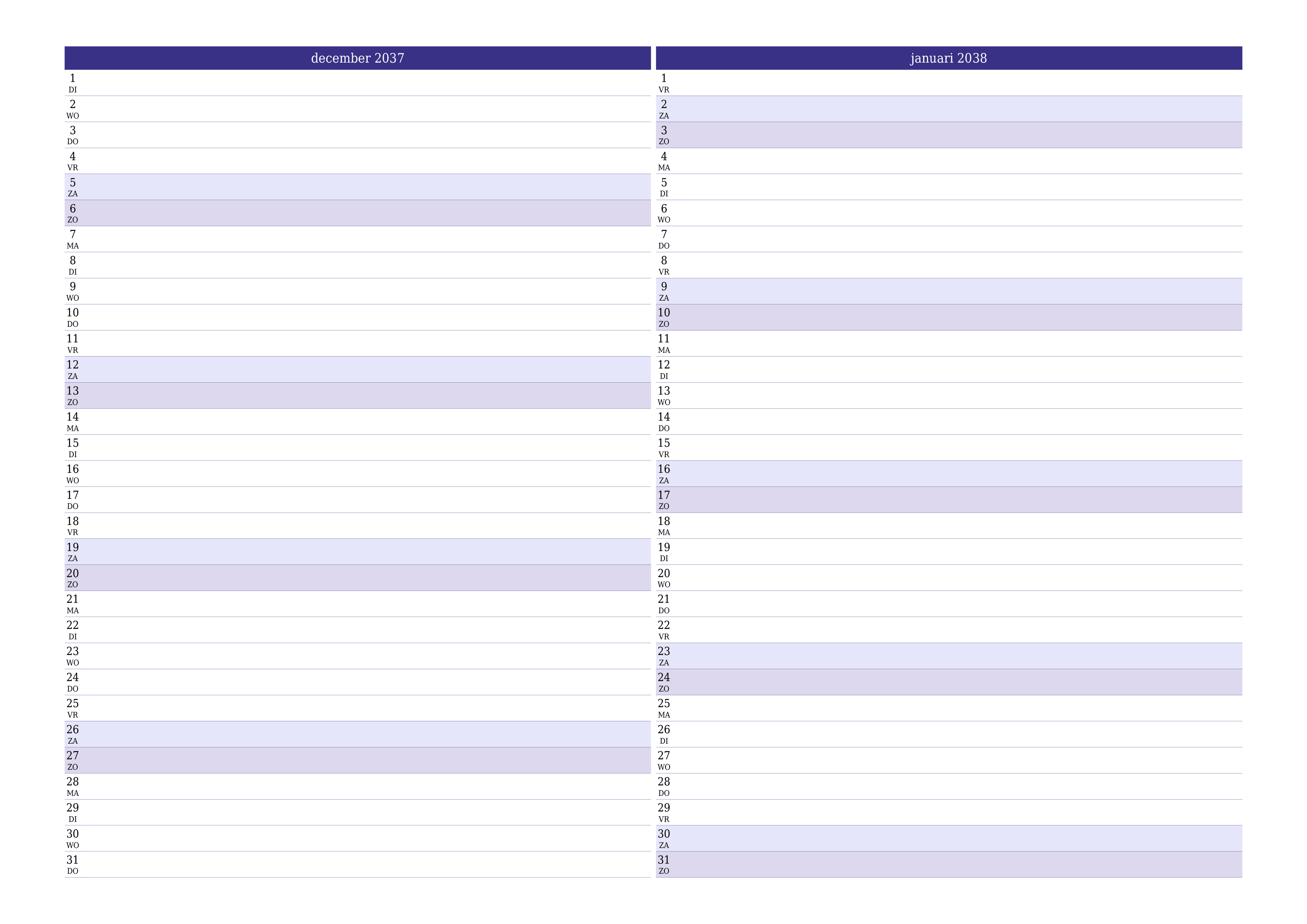 Lege maandplanner voor maand december 2037 met notities, opslaan en afdrukken naar pdf PNG Dutch