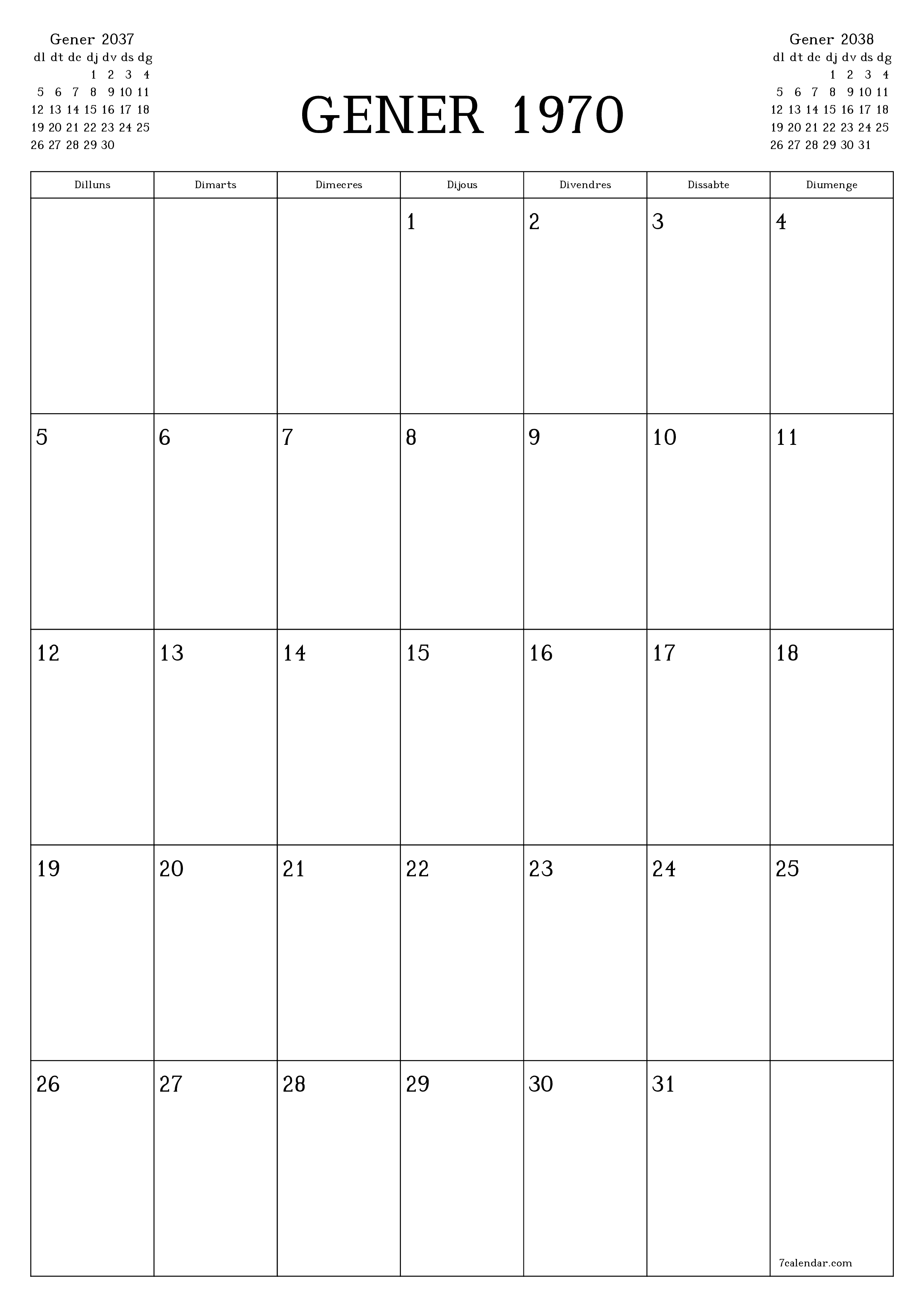  imprimible de paret plantilla de gratuïtvertical Mensual planificador calendari Desembre (Des) 2037