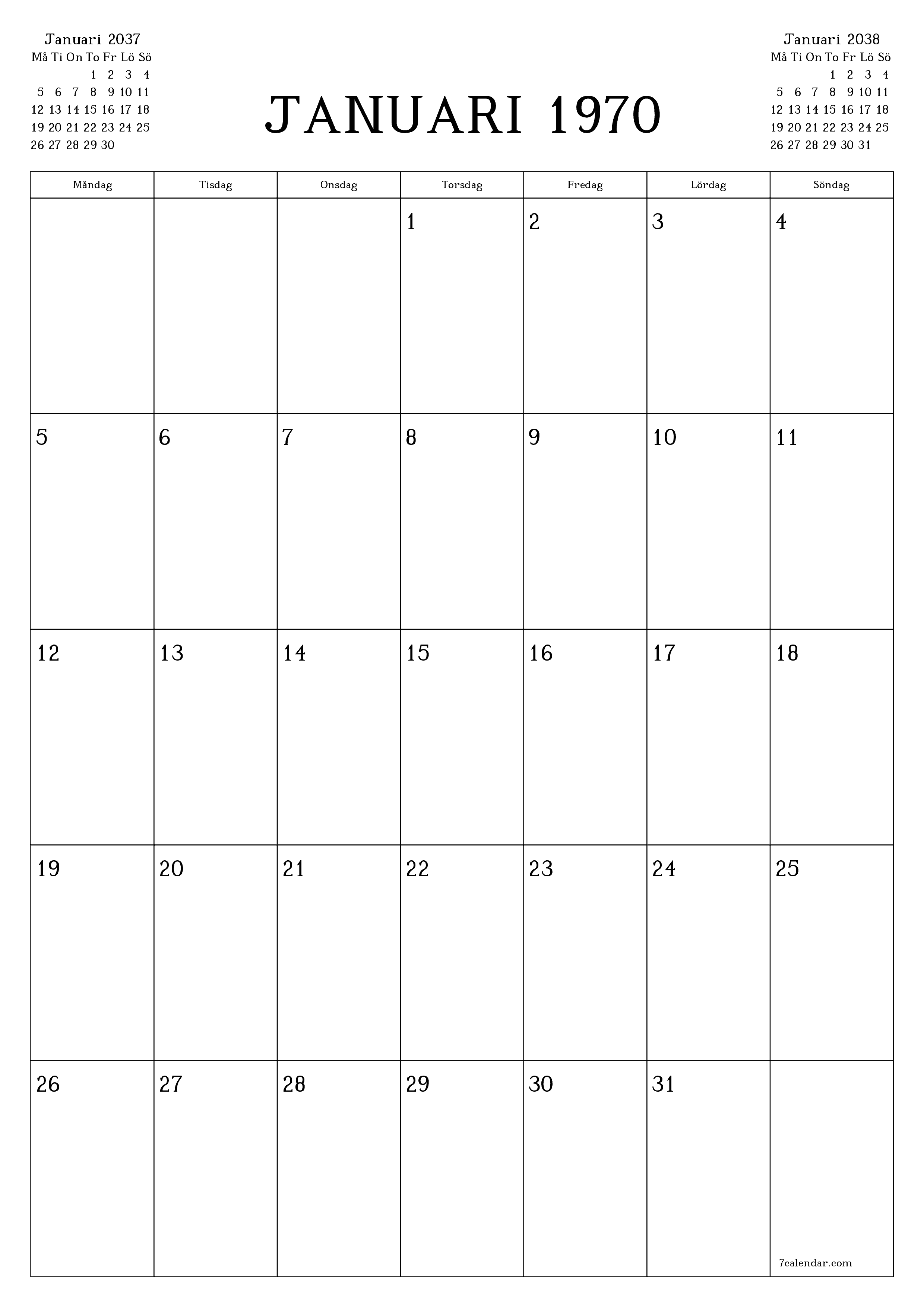 Tom månadsplanerare för månad December 2037 med anteckningar, spara och skriv ut till PDF PNG Swedish