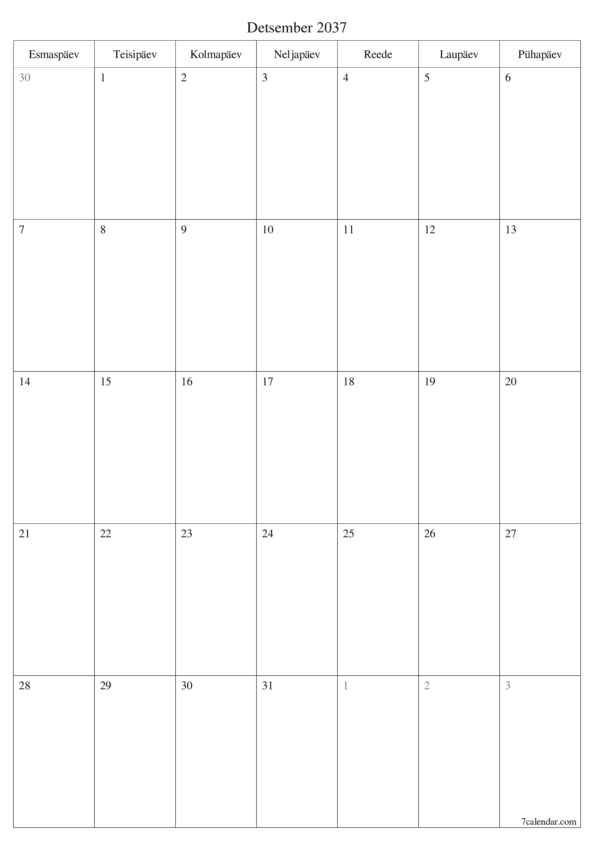 prinditav seina kalendri mall tasuta vertikaalne Igakuine planeerija kalender Detsember (Dets) 2037