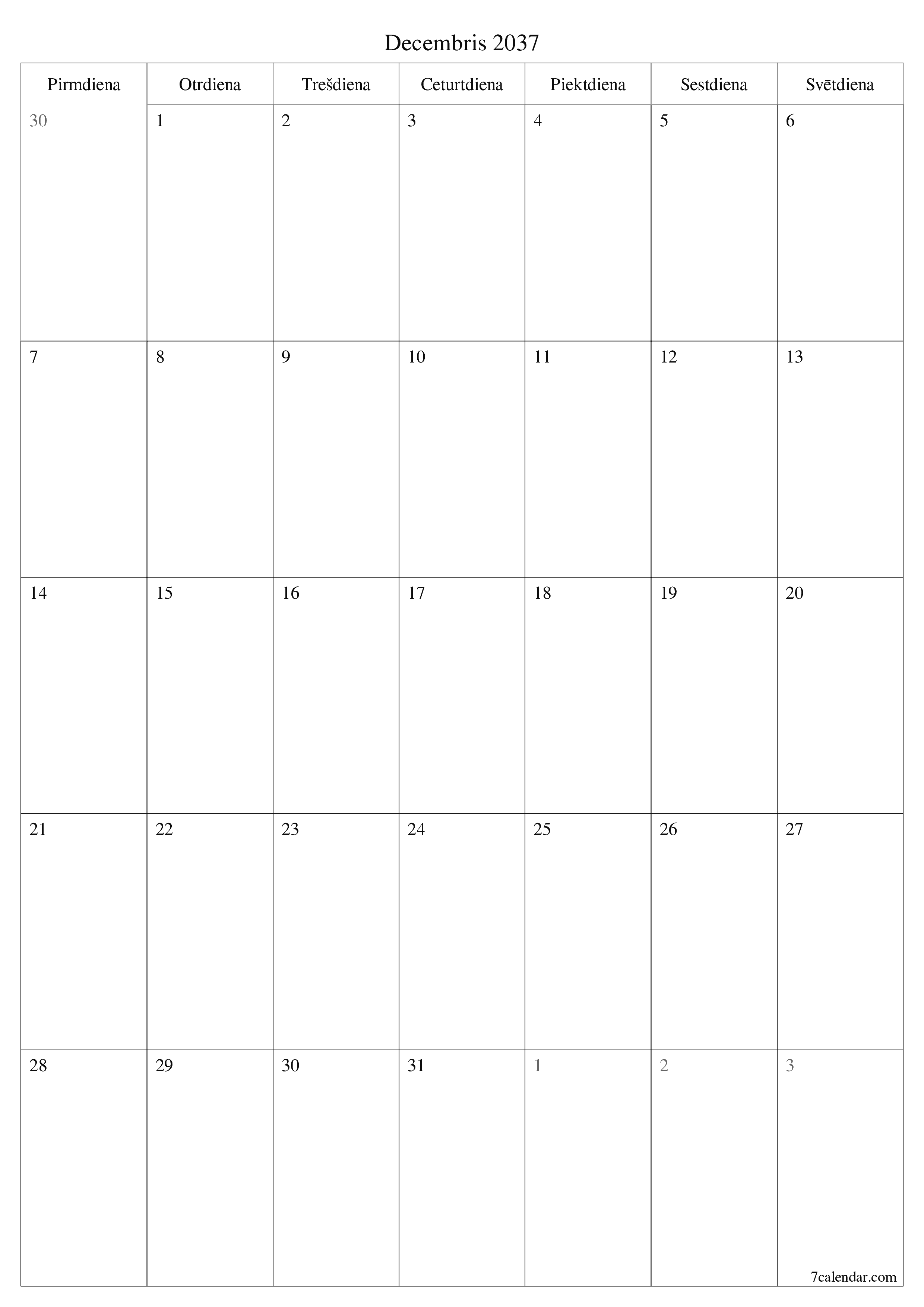 izdrukājams sienas kalendāra veidne bezmaksas vertikāli Mēneša plānotājs kalendārs Decembris (Dec) 2037
